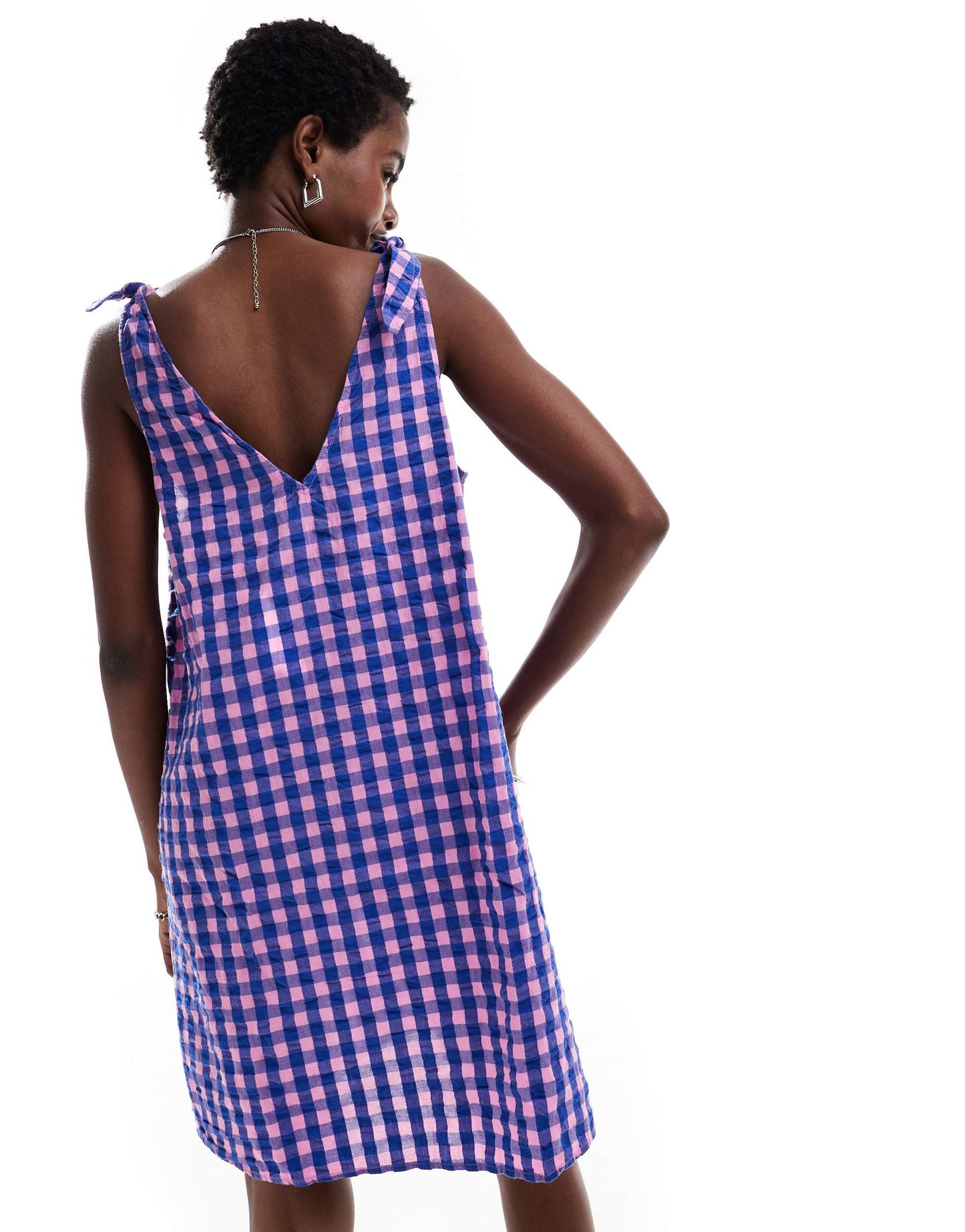 Monki seersucker bow tie strap mini dress in pink and blue gingham