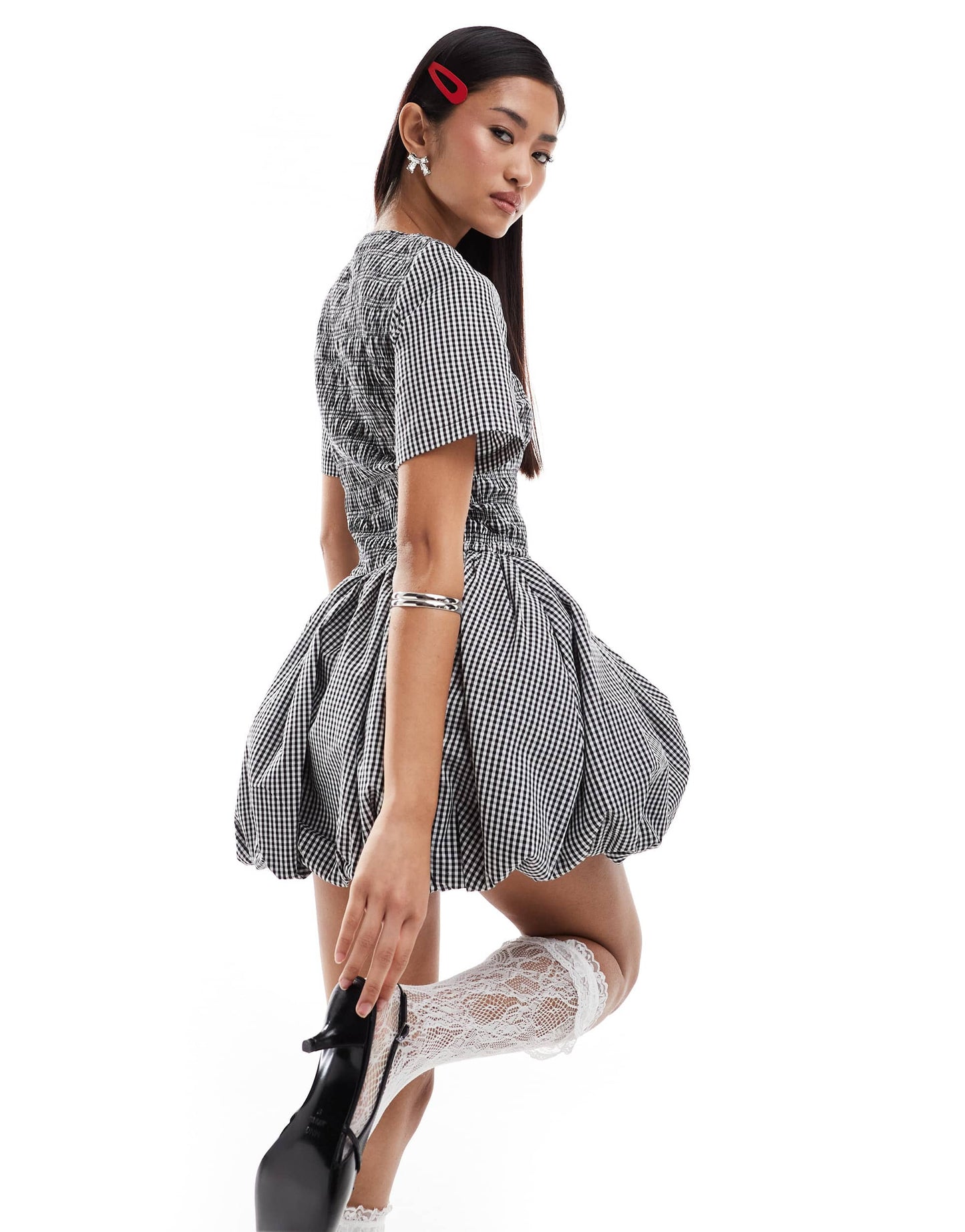 Amy Lynn Elenor shirred short sleeve puffball ultra mini dress in black and white gingham