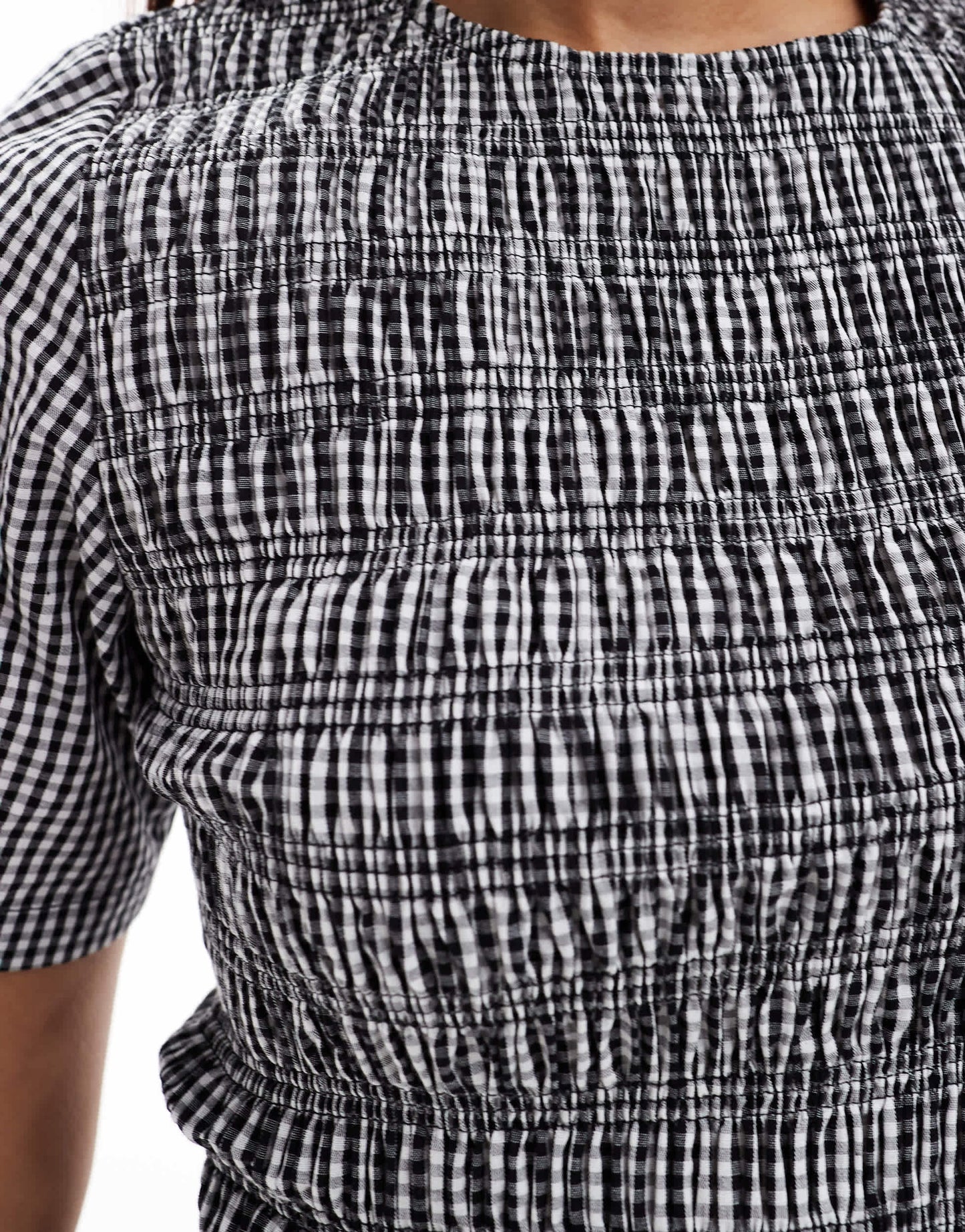 Amy Lynn Elenor shirred short sleeve puffball ultra mini dress in black and white gingham
