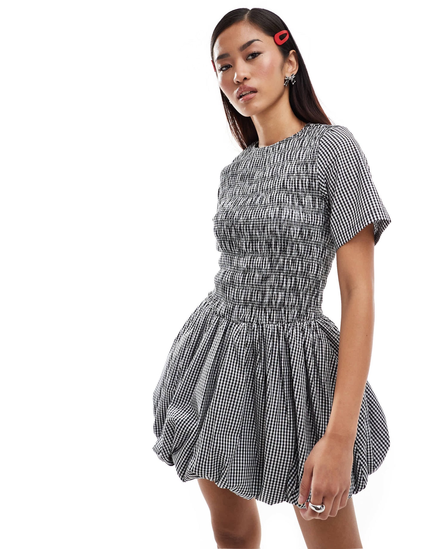 Amy Lynn Elenor shirred short sleeve puffball ultra mini dress in black and white gingham