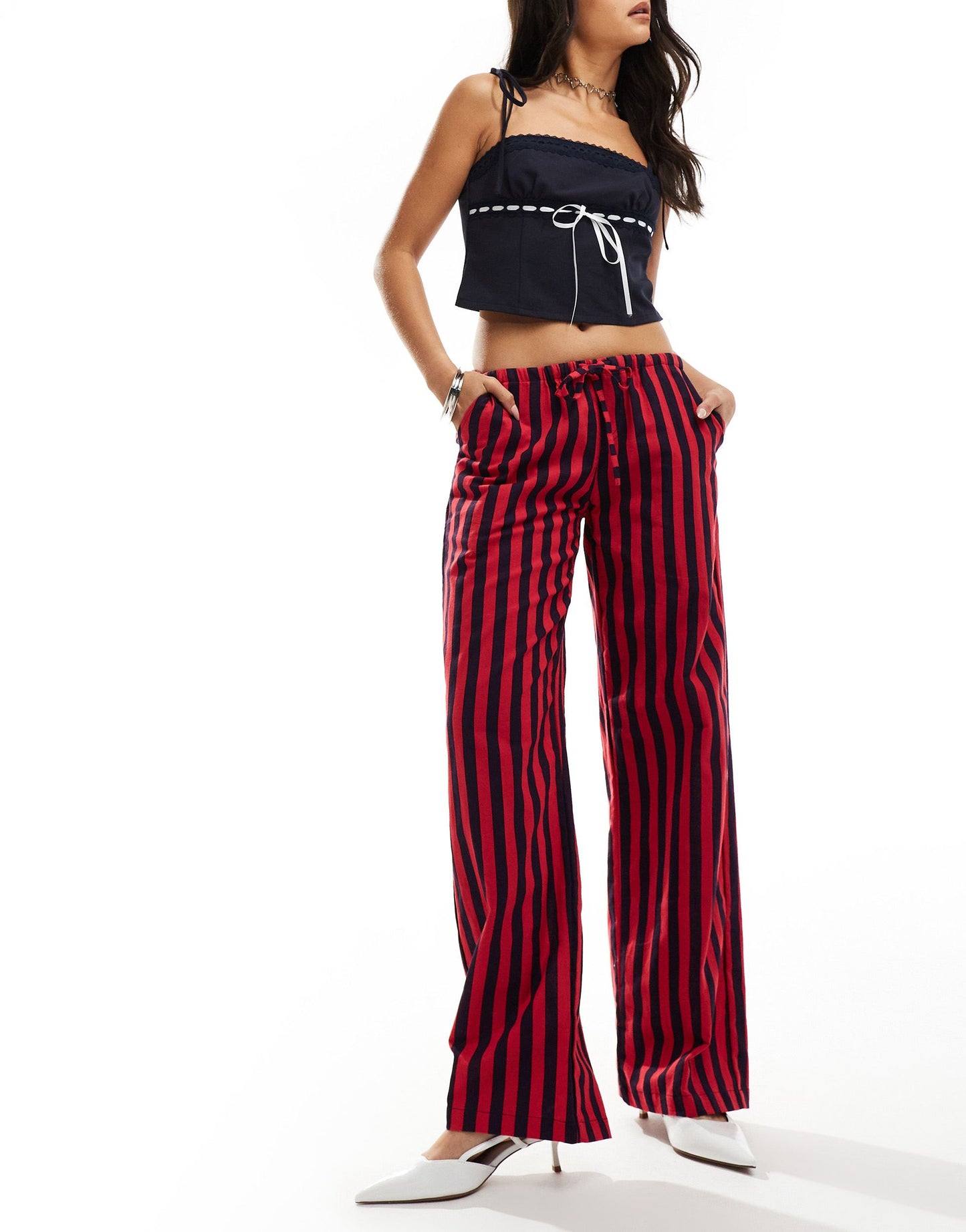 Motel lirura striped trousers in deep red and navy