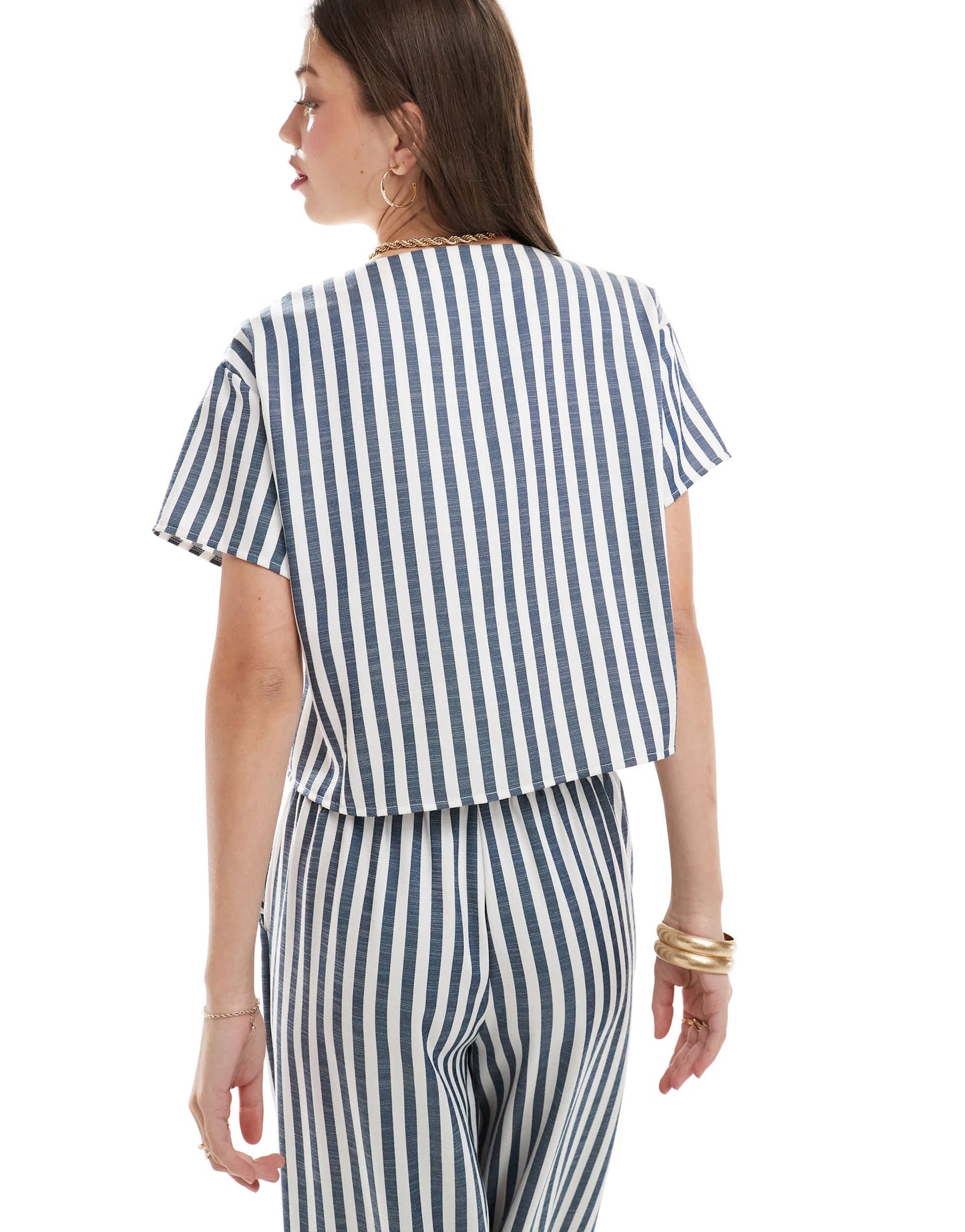 ASOS DESIGN top with tie front in blue stripe co-ord