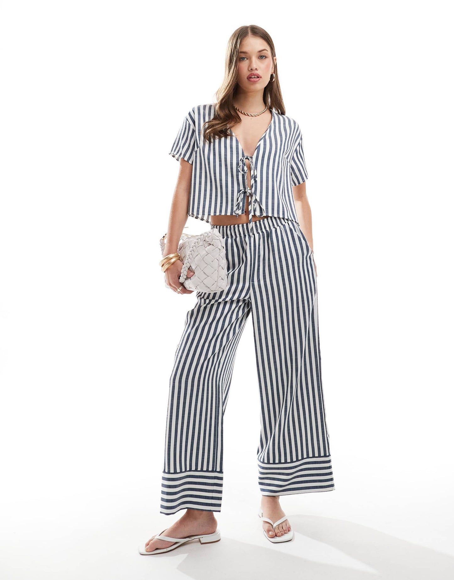 ASOS DESIGN top with tie front in blue stripe co-ord