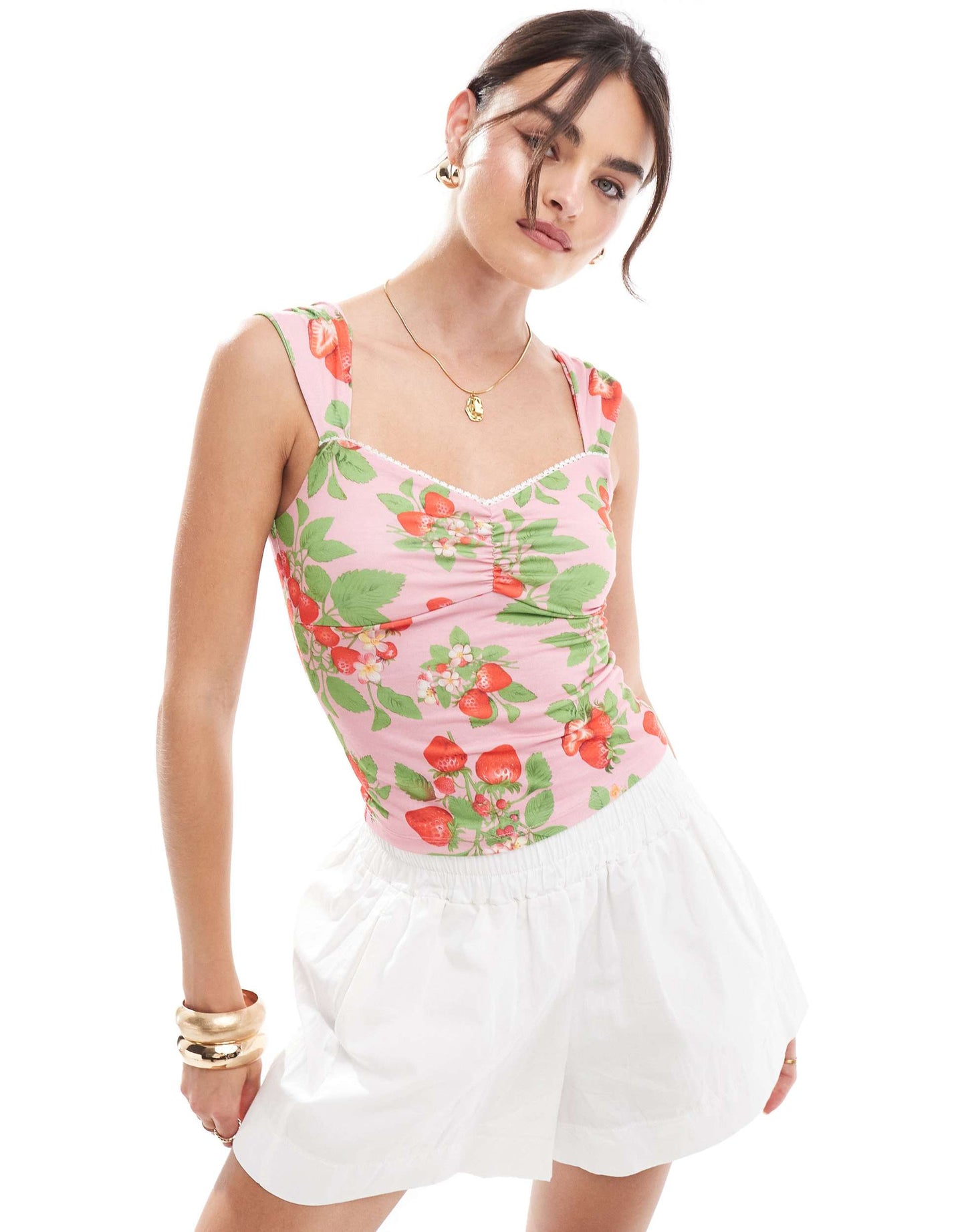 ASOS DESIGN strawberry print gathered ruched front top in pink