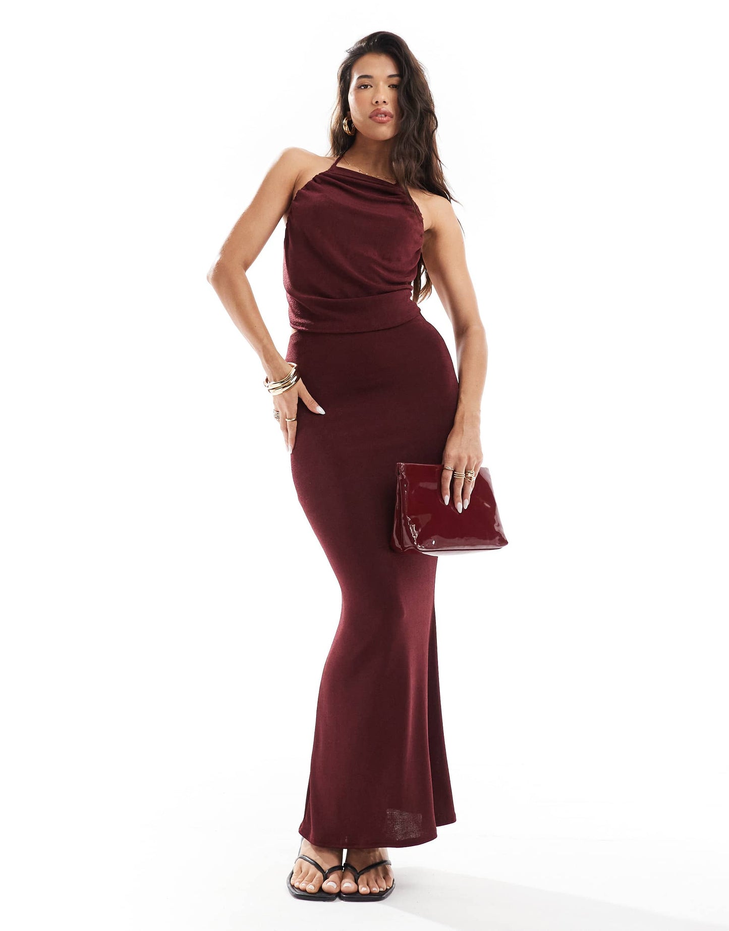 Missyempire exclusive cowl backless top co-ord in wine
