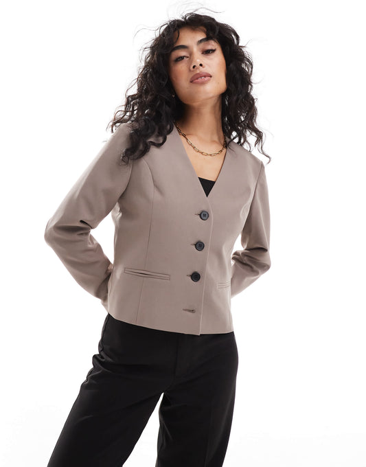 ASOS DESIGN cropped collarless blazer in mocha