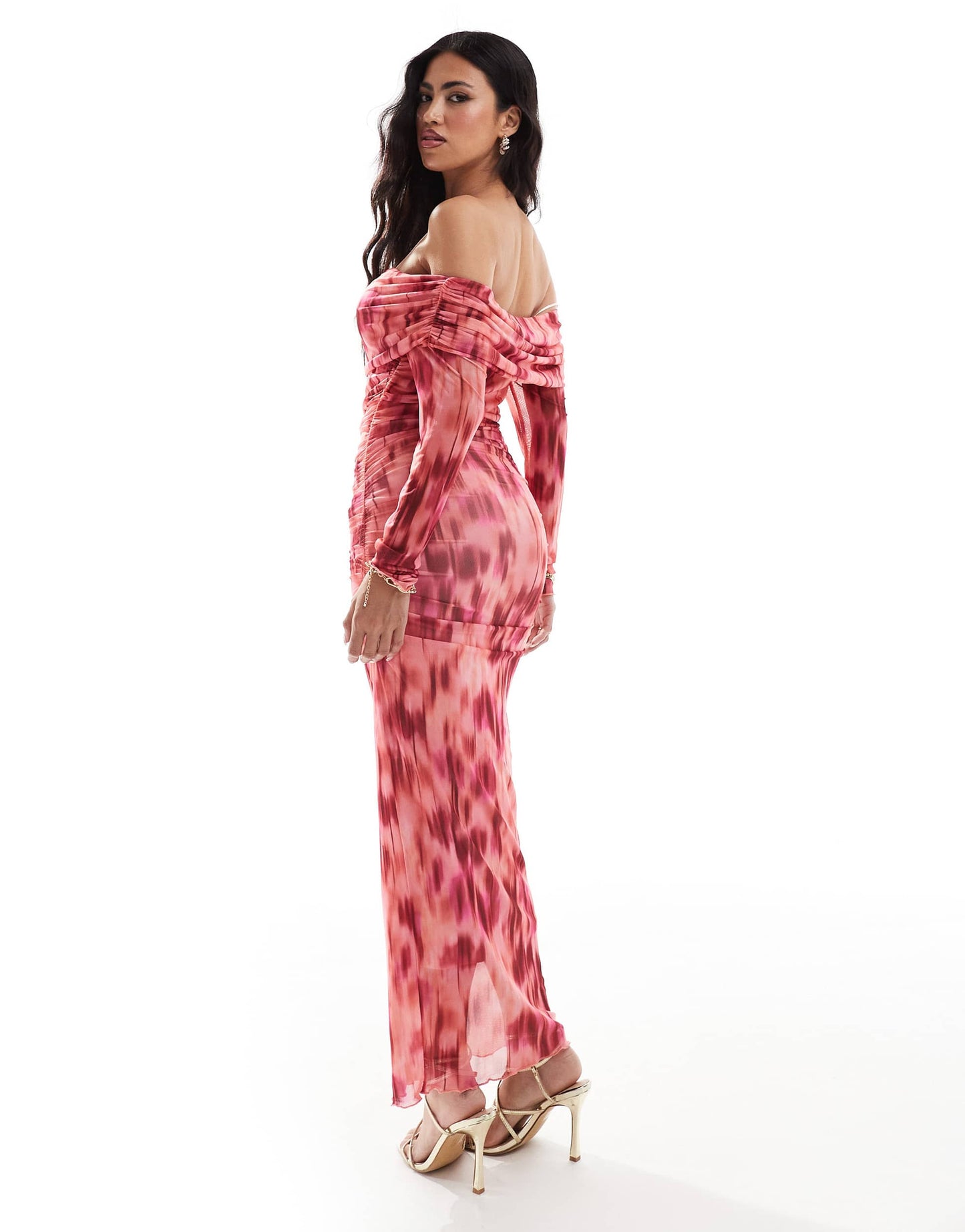 New Look mesh long sleeve bardot midaxi dress in pink pattern