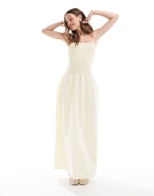 ASOS DESIGN shirred bandeau maxi dress in pale yelow