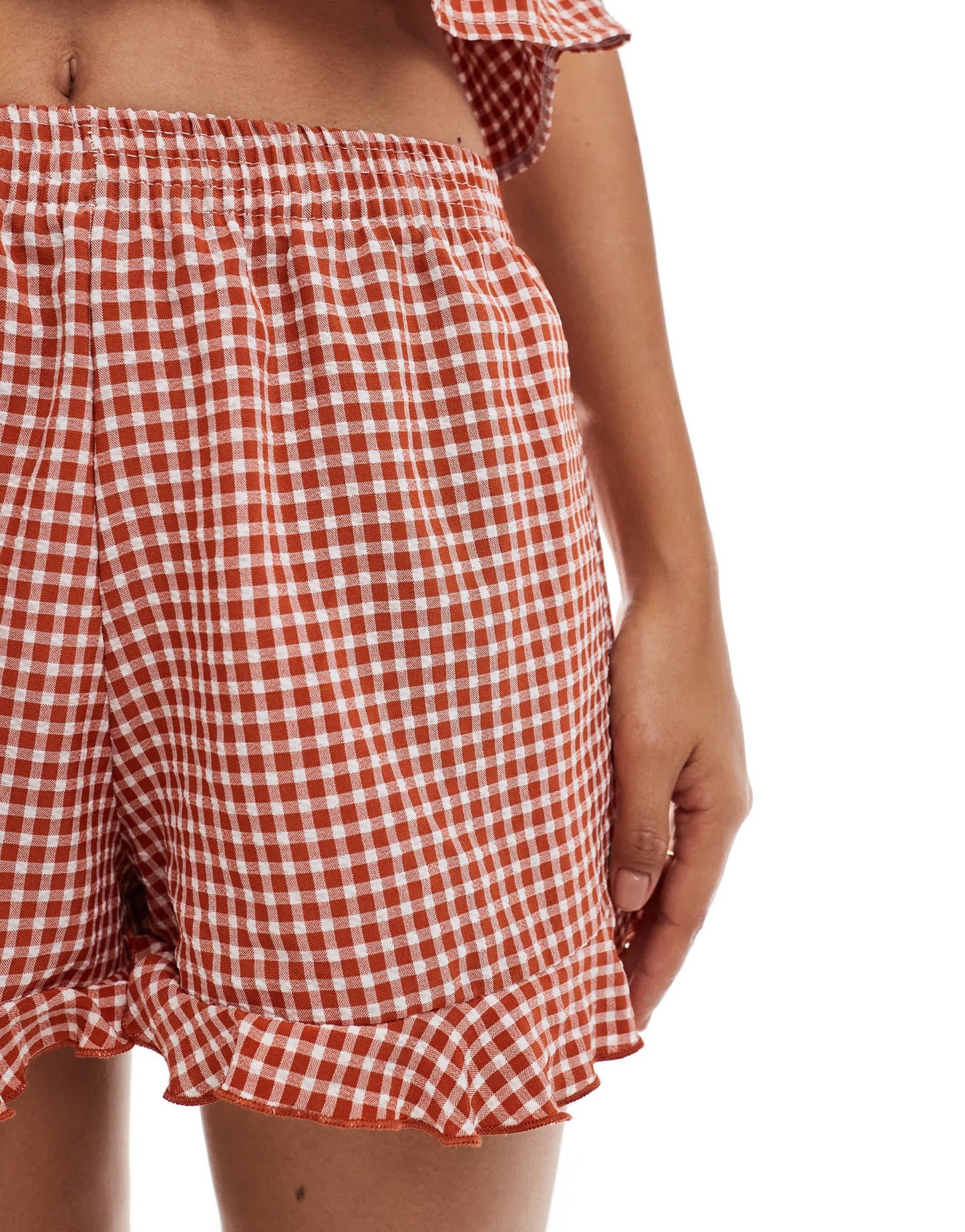Miss Selfridge gingham frill short in rust