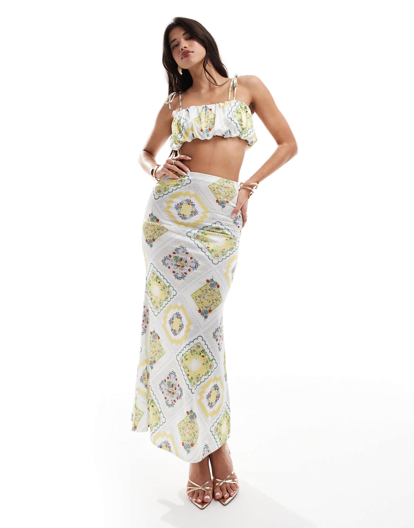 ASOS DESIGN co-ord satin twill ruched cami crop top in tablecloth print