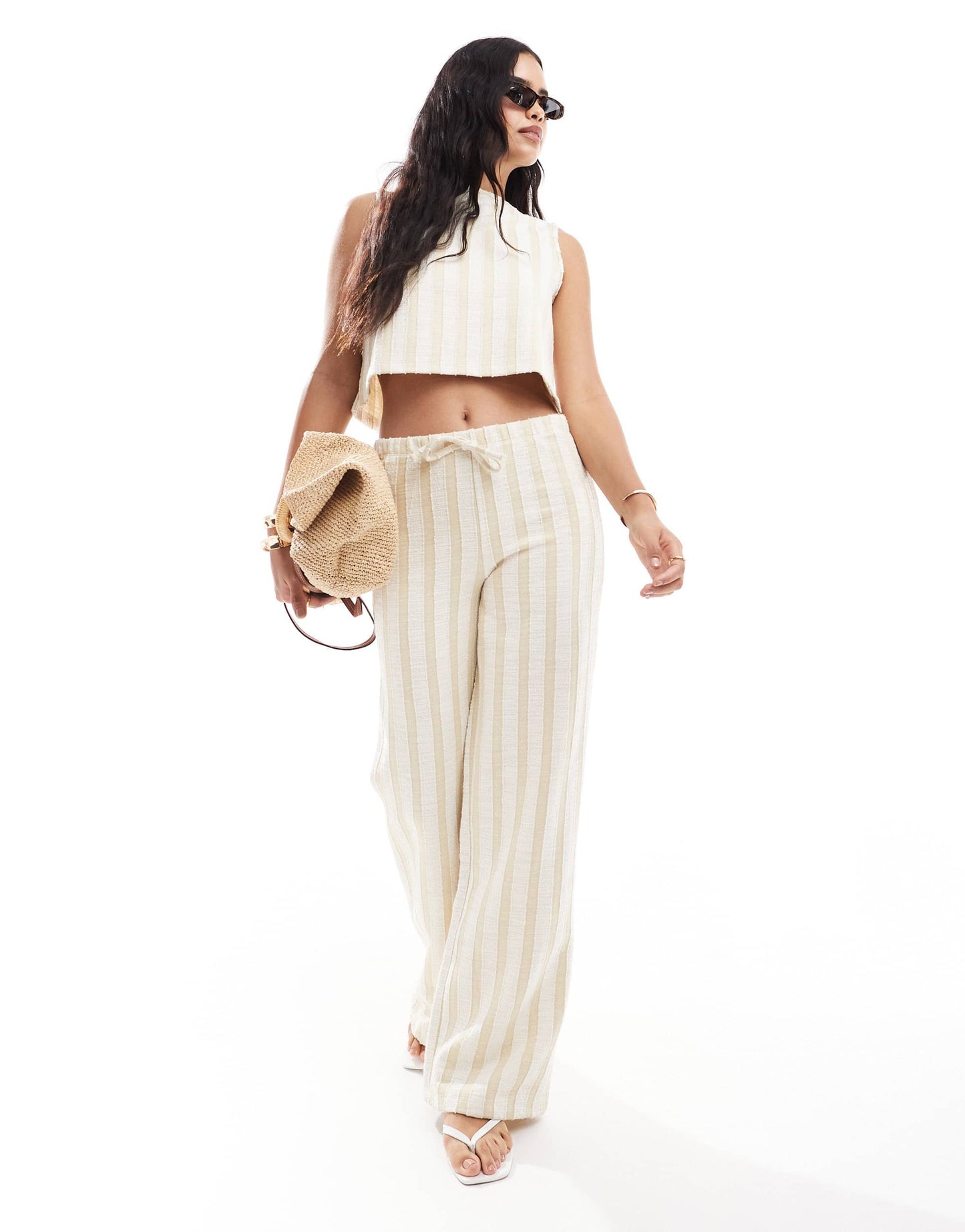 ASOS DESIGN stripe slash neck boxy top co ord in brown