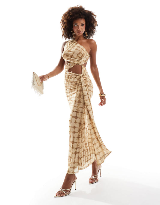 ASOS DESIGN mesh asymmetric one shoulder midi dress with long ties in yellow check