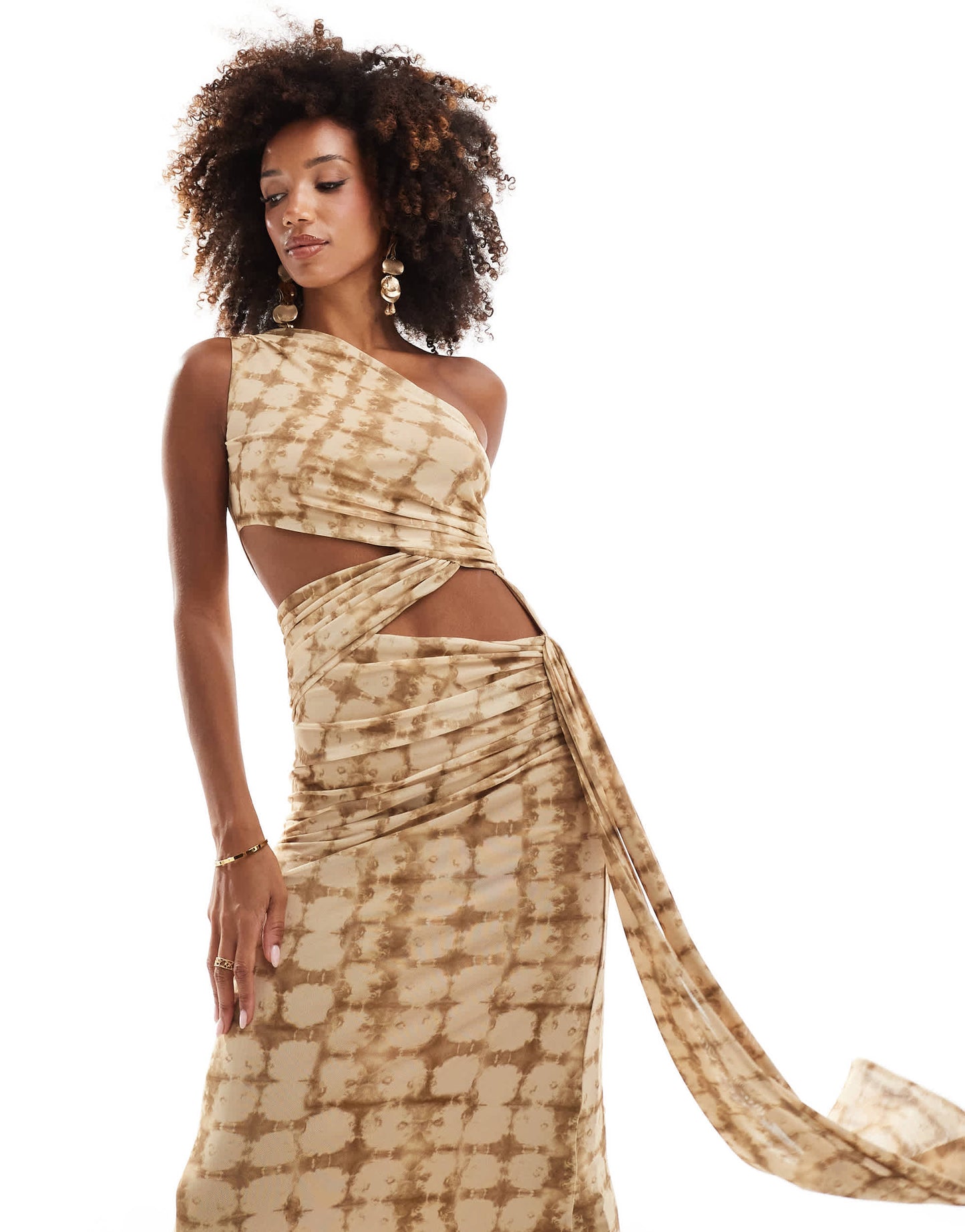 ASOS DESIGN mesh asymmetric one shoulder midi dress with long ties in yellow check