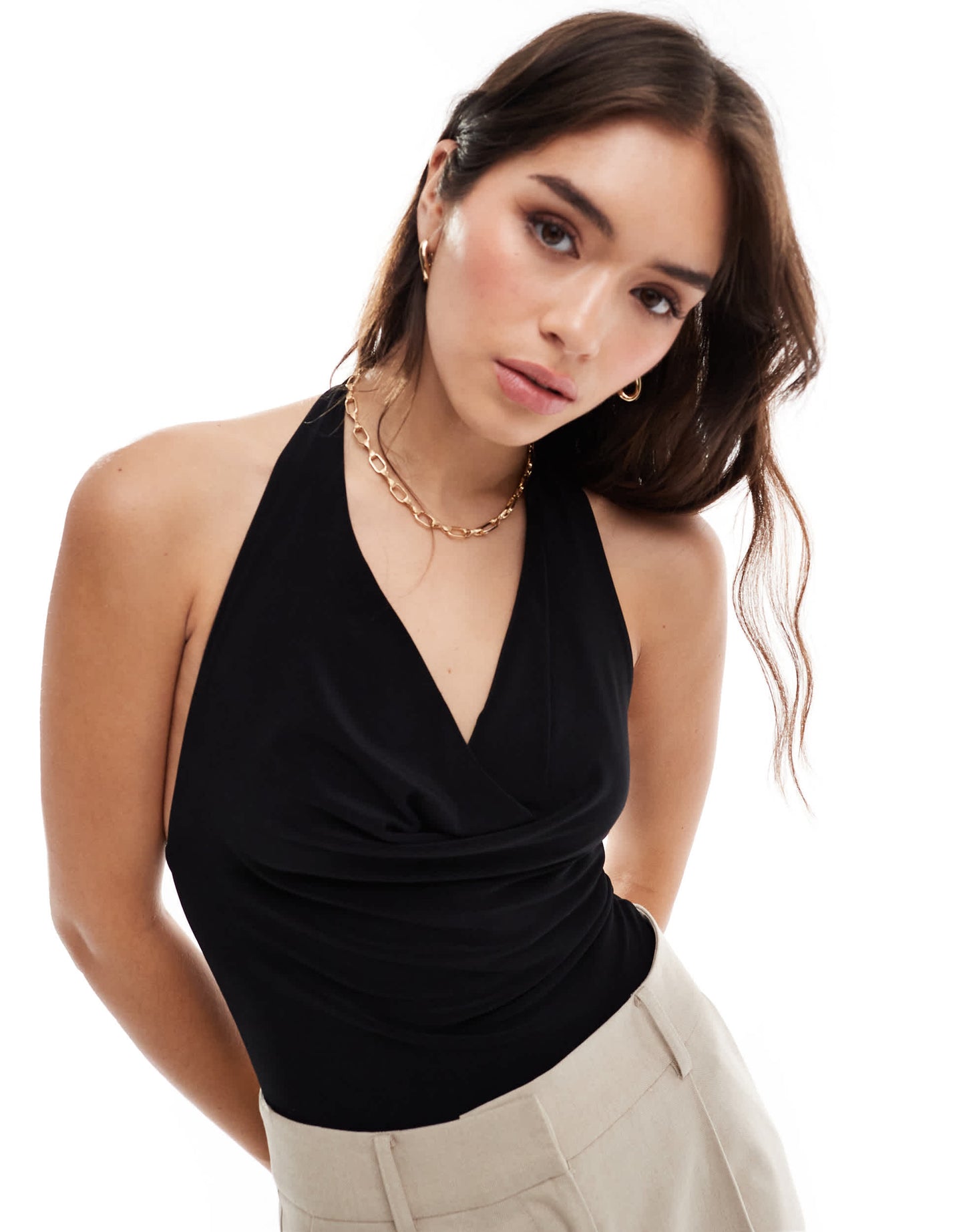Bershka cowl neck halterneck bodysuit in black