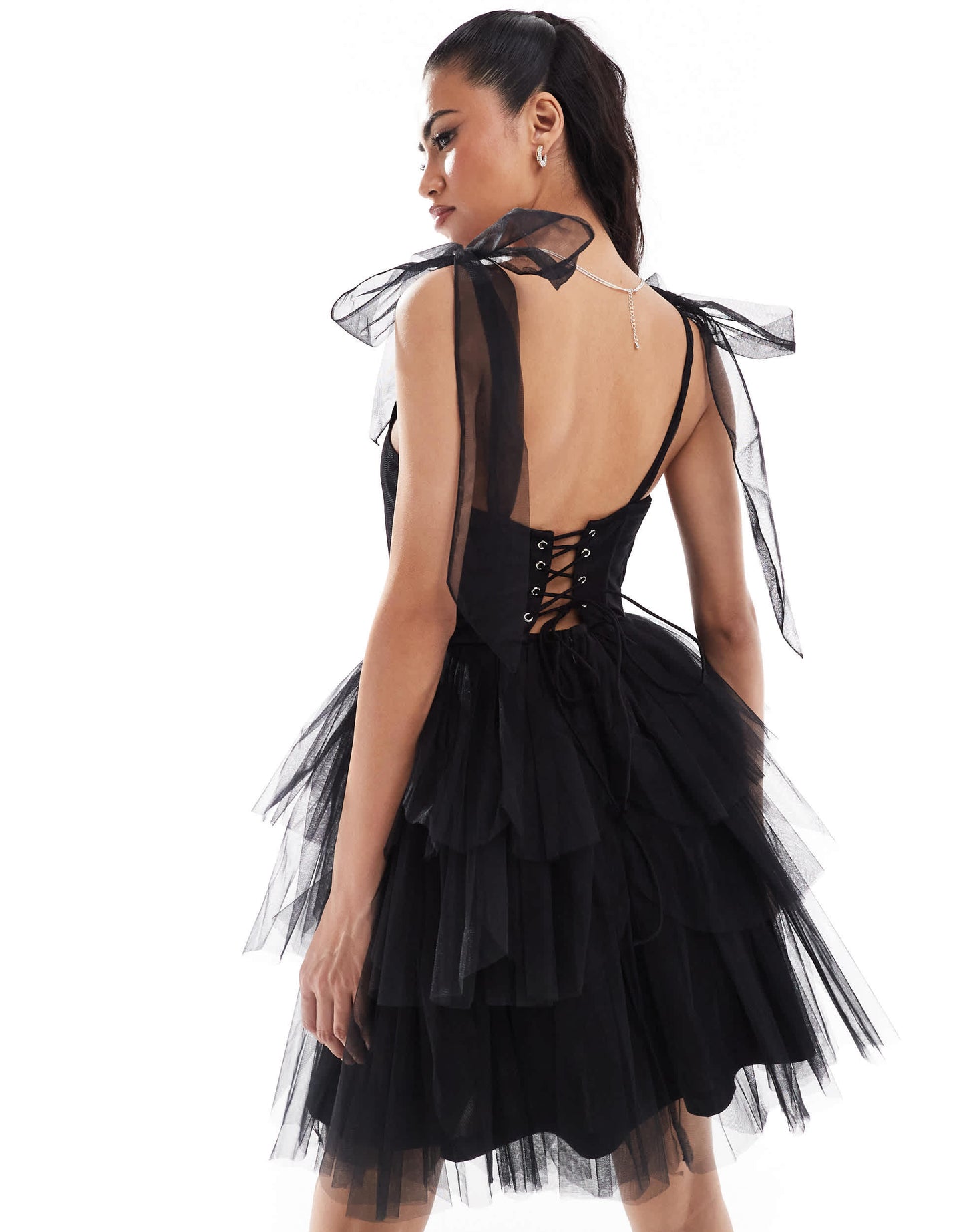 Lace & Beads bow shoulder corset tulle mini dress in black