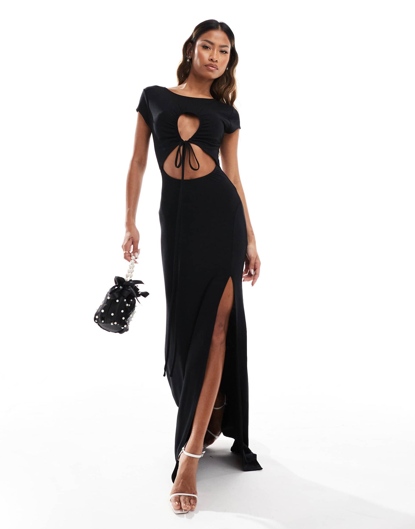 ASOS DESIGN cap sleeve ruched keyhole maxi dress with super strappy tie front in black