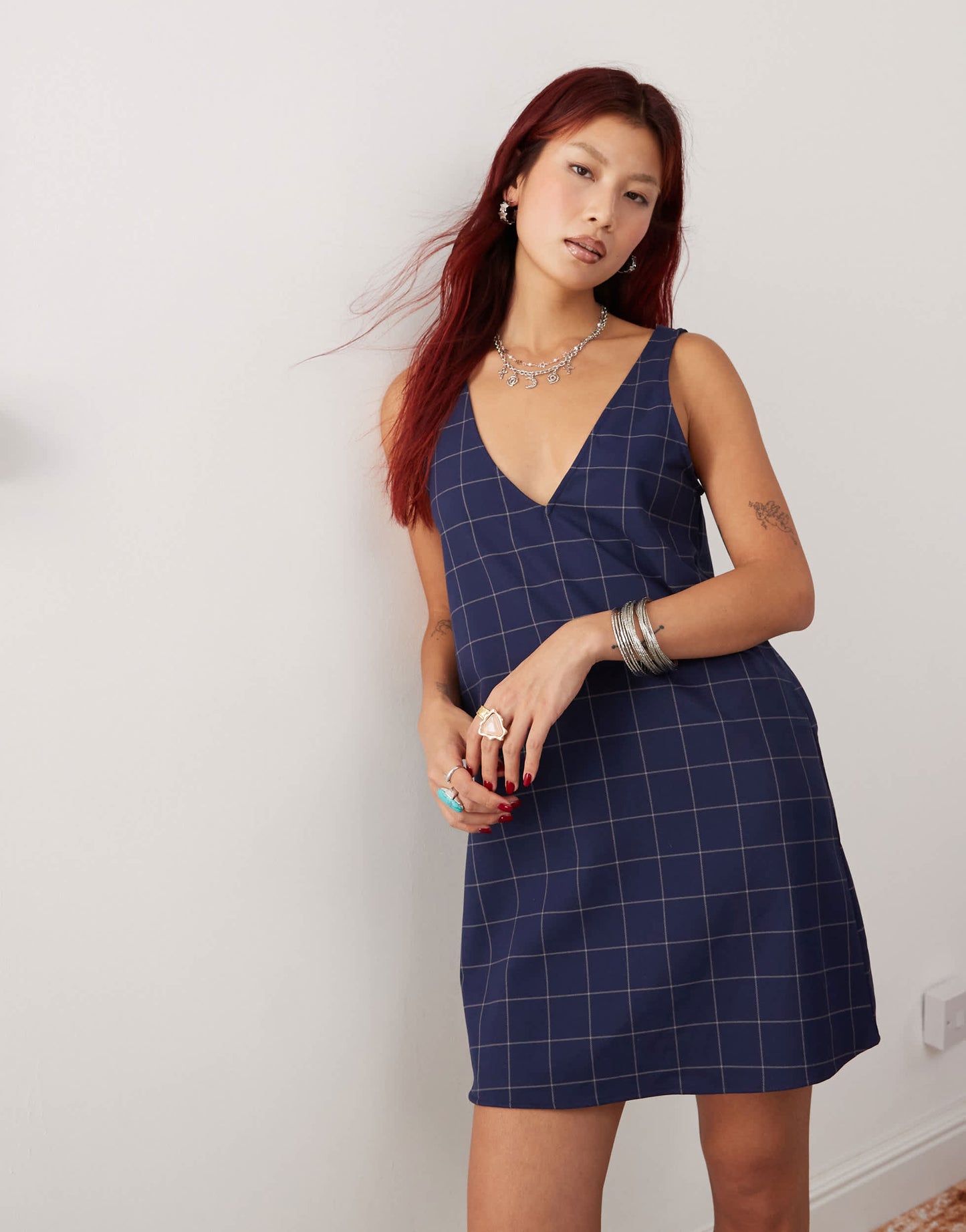 Monki pinafore mini dress in navy check pinstripe