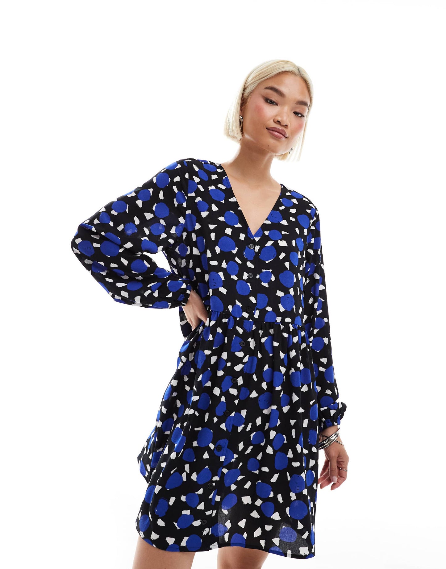 Monki long sleeve mini dress in blue and black multi print