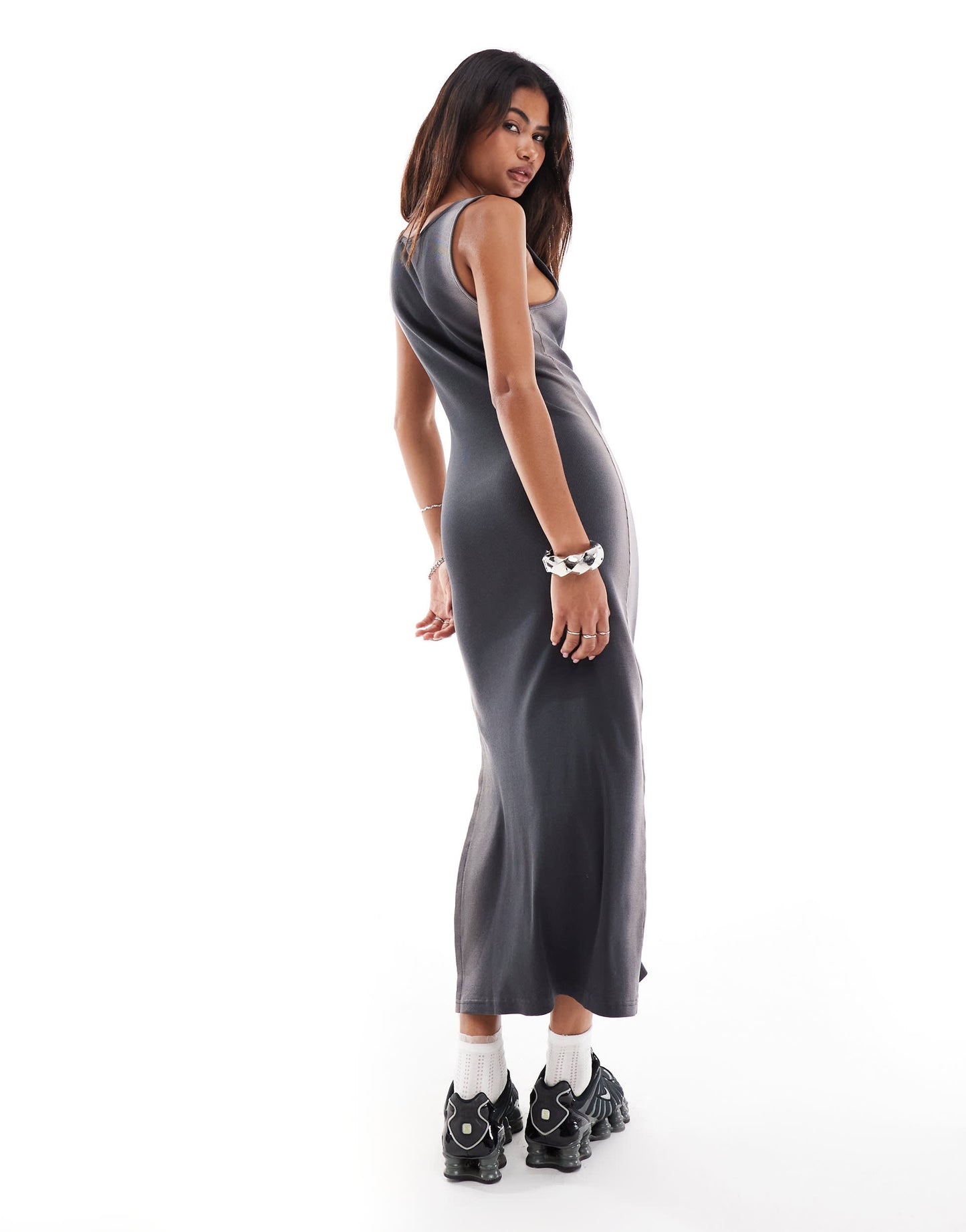 Monki sleeveless maxi dress in black spray
