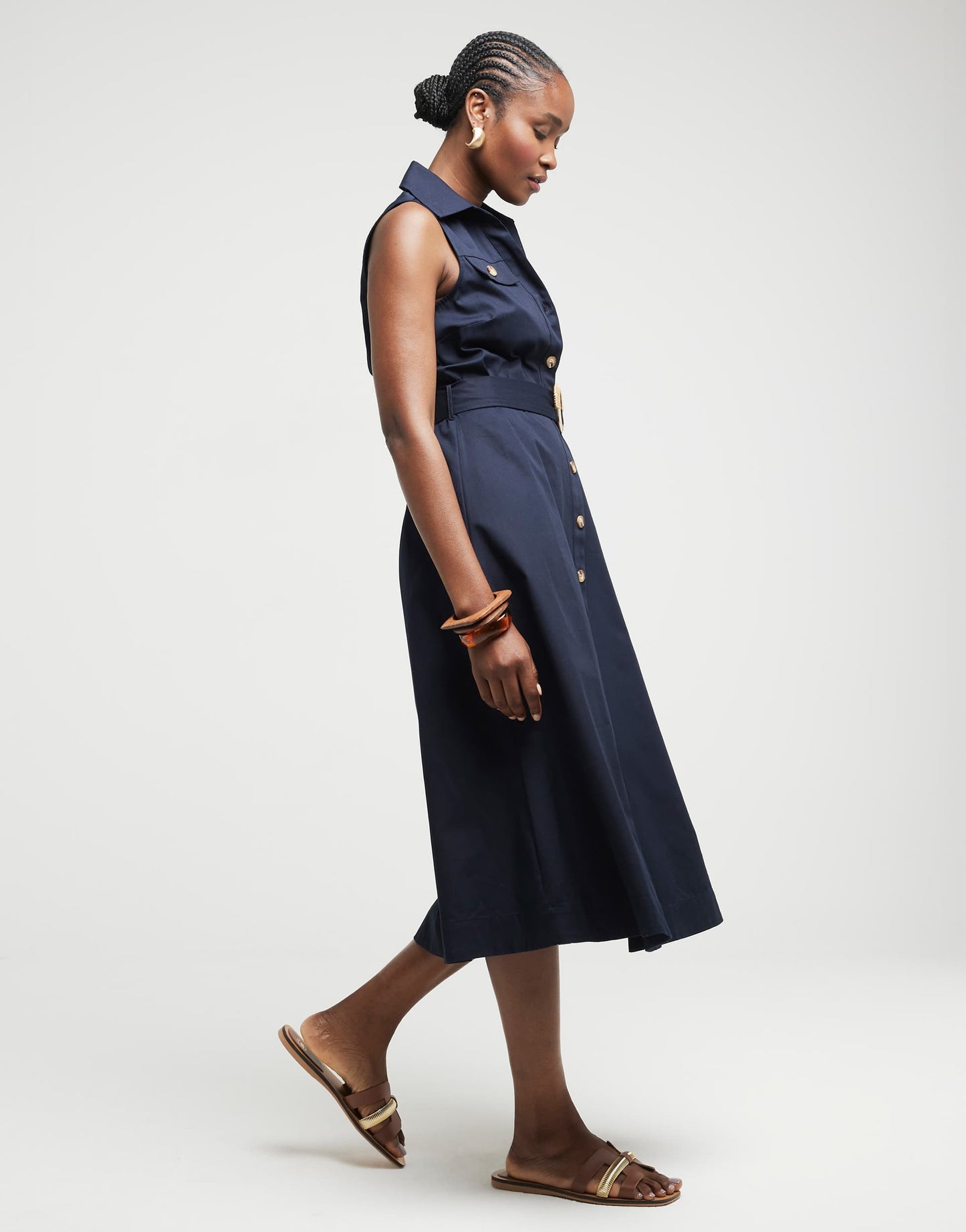 River Island Belted sleeveless midi shirt dress in navy