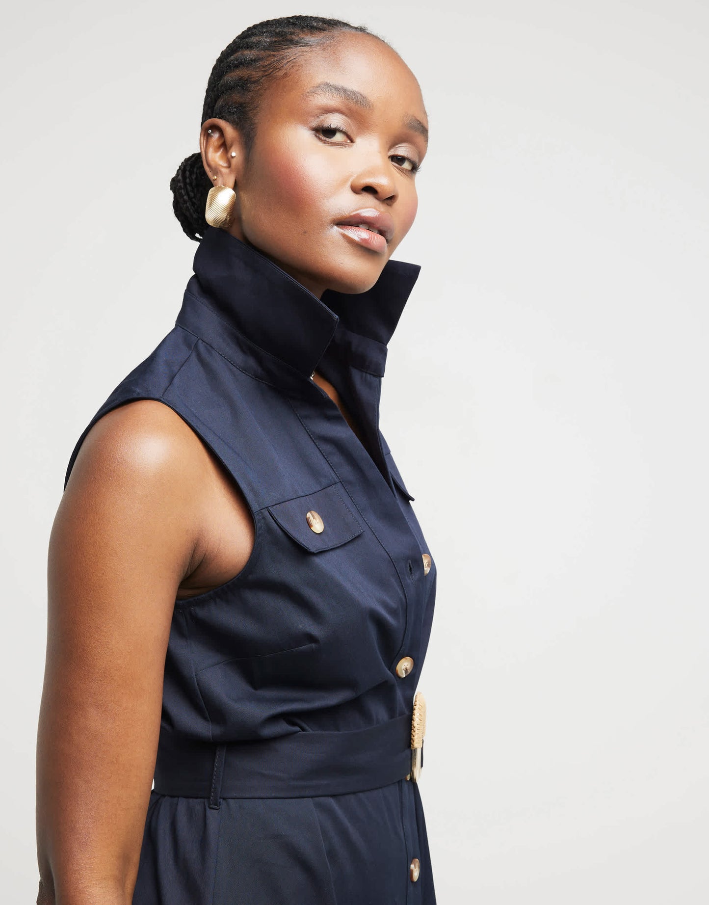 River Island Belted sleeveless midi shirt dress in navy