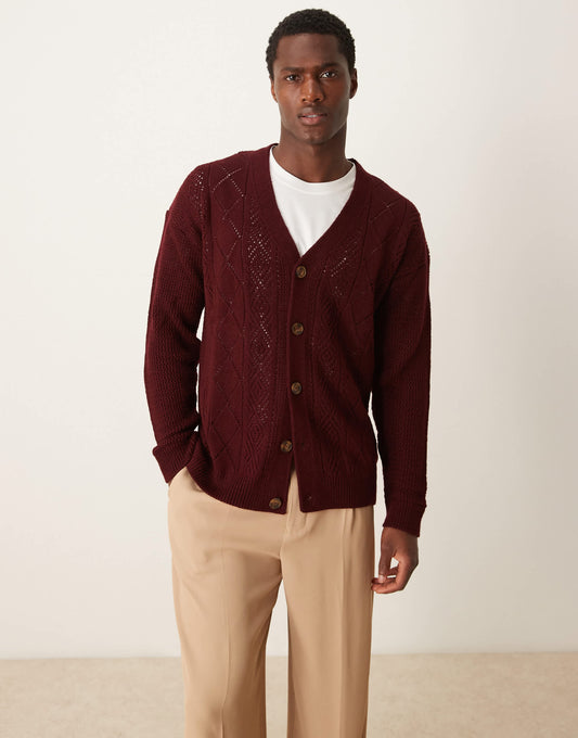 ASOS DESIGN relaxed knitted cardigan with aztec pattern in burgundy