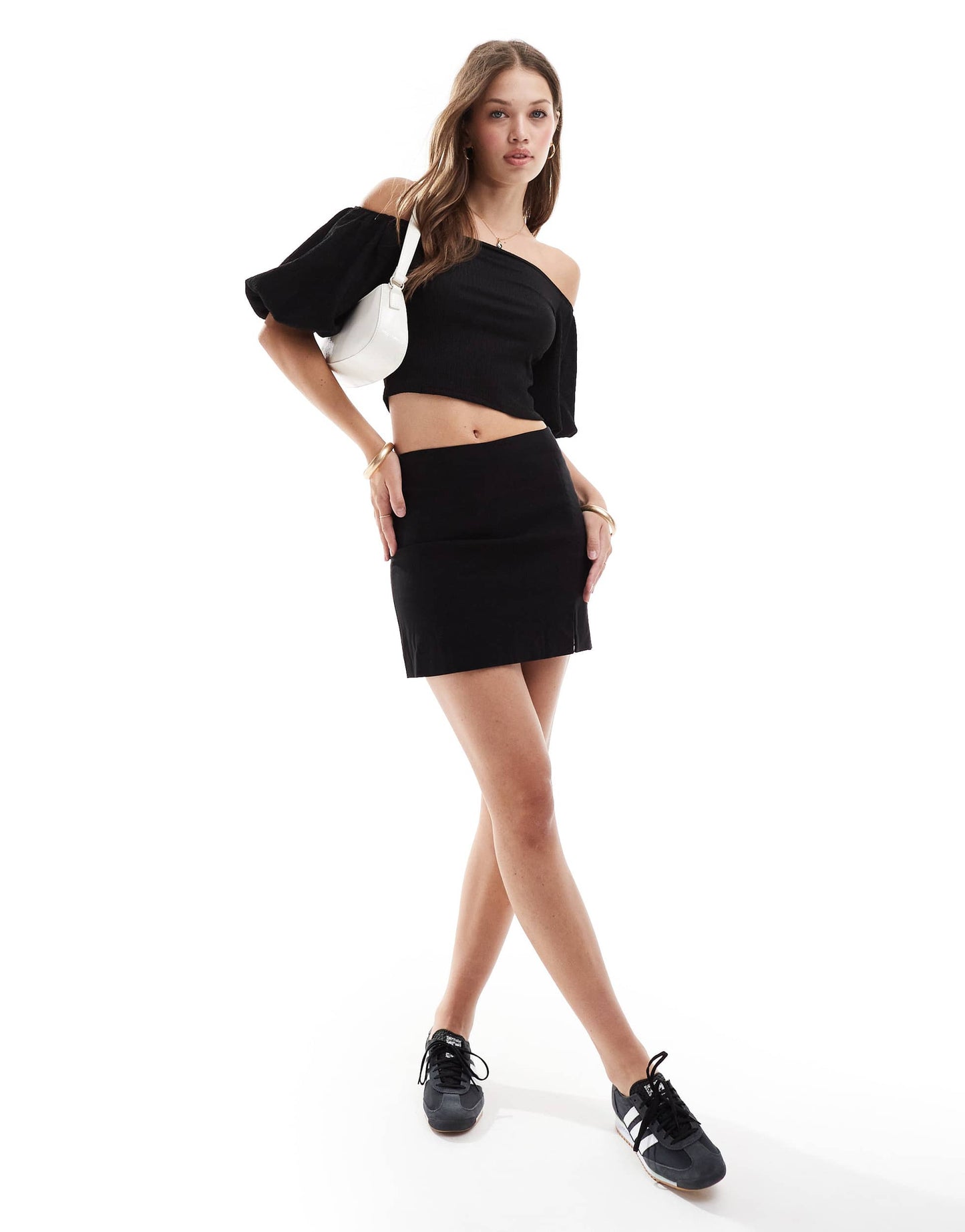 ASOS DESIGN textured puff sleeve bardot top in black