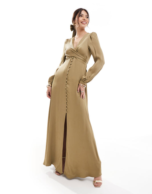 Maids to Measure Bridesmaid long sleeve button front maxi dress in olive