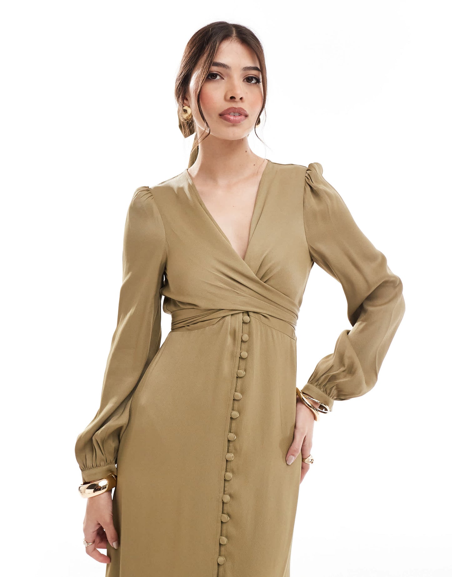 Maids to Measure Bridesmaid long sleeve button front maxi dress in olive