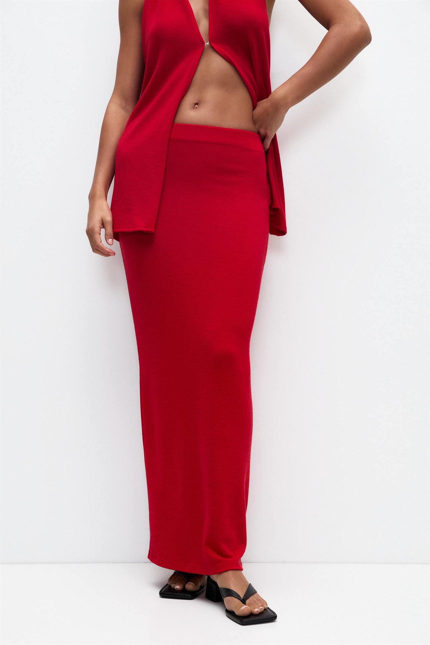 Pull&Bear knitted maxi skirt co-ord in red