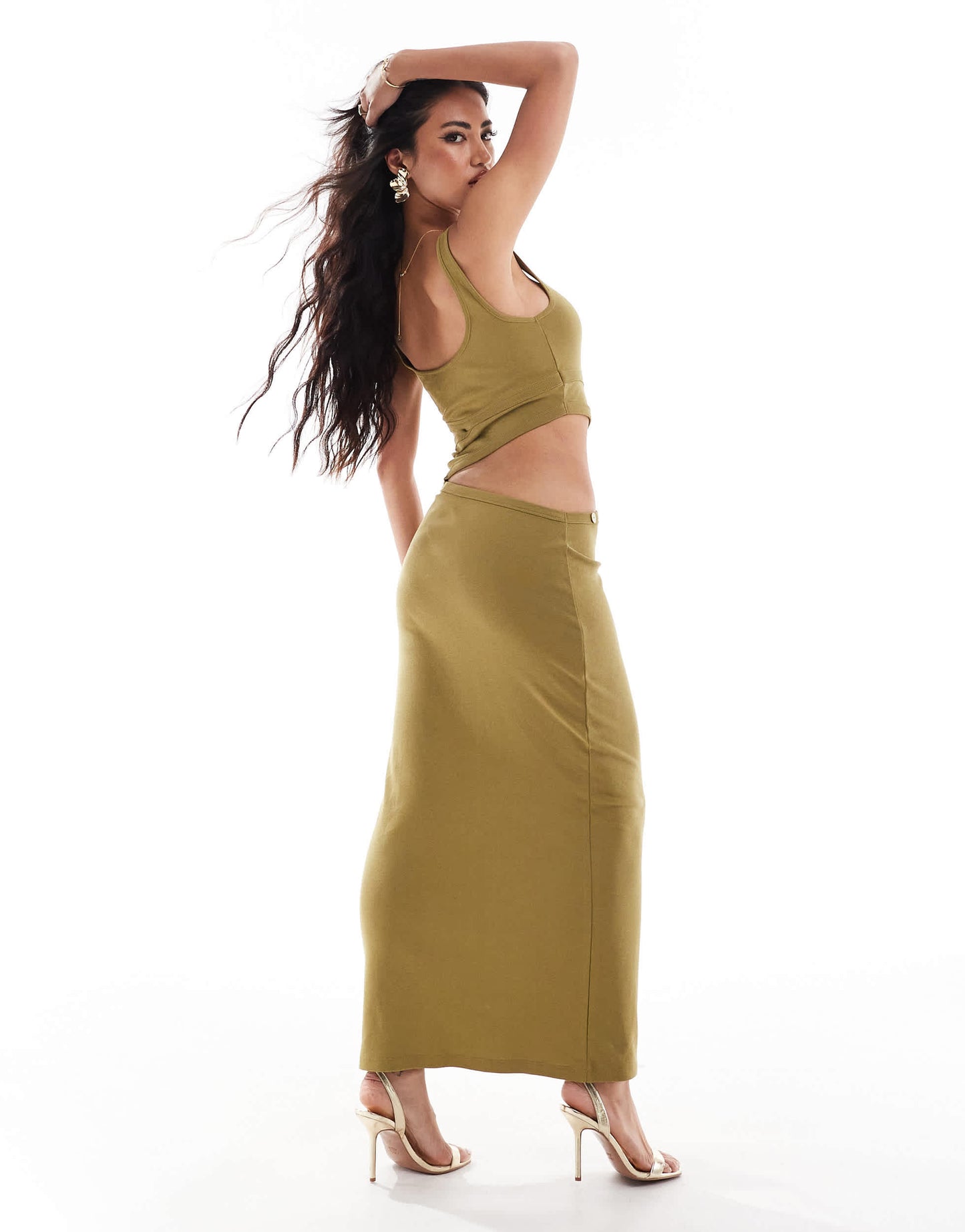 ASOS DESIGN cutout button detail ribbed midi dress in olive