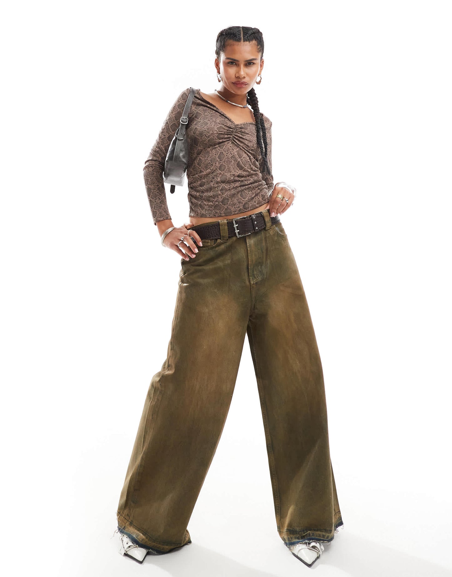 Monki jersey long sleeve top with ruche v front in snake print