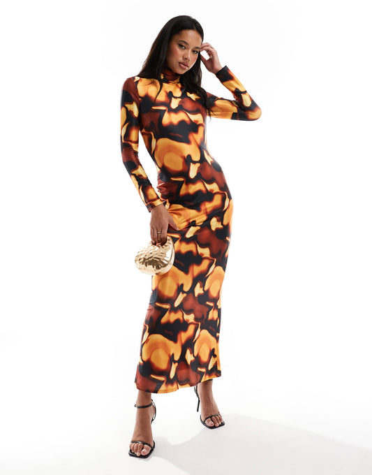 Daska high neck maxi dress in jersey in brown orange print
