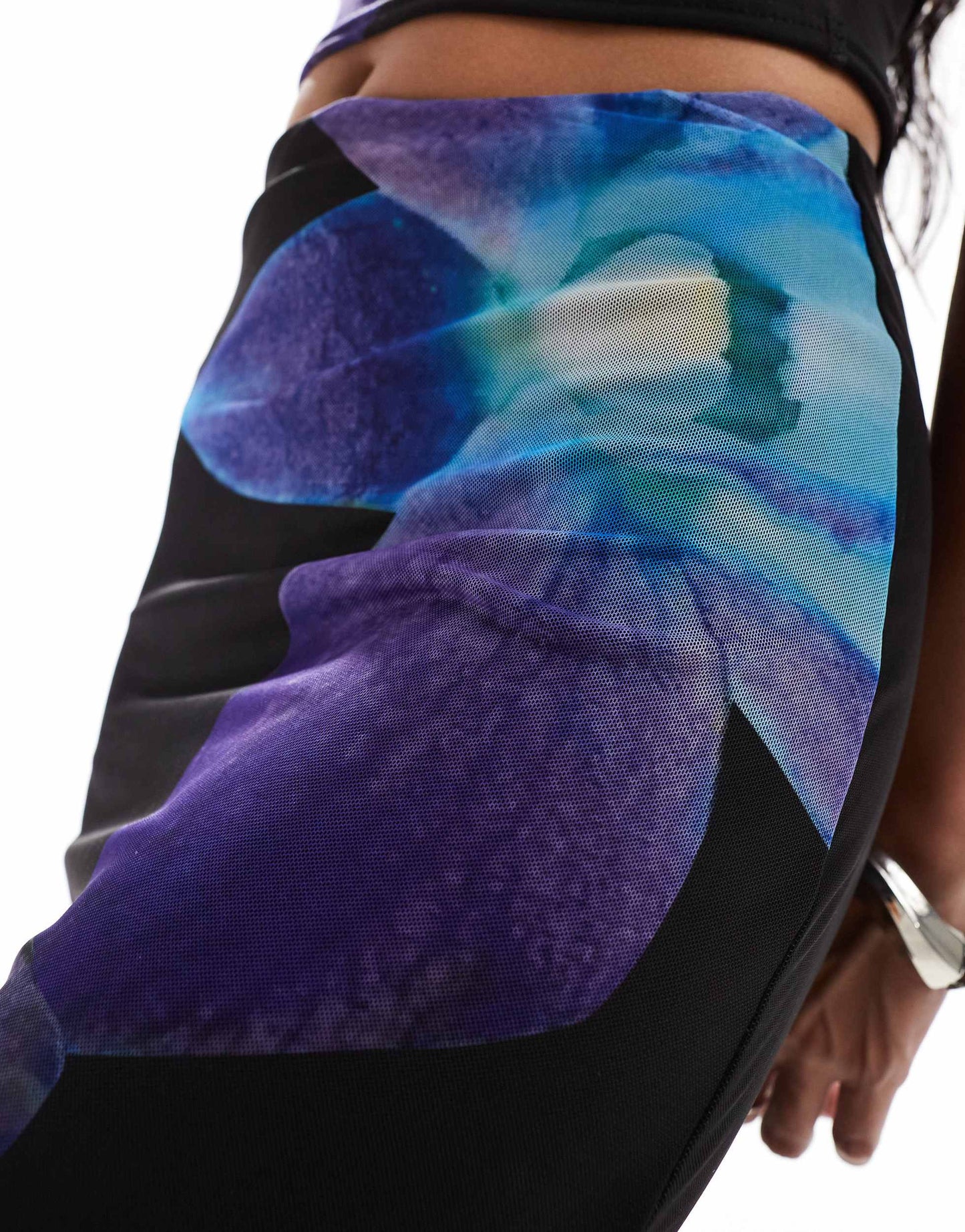 Kaiia exclusive mesh column maxi skirt co-ord in black and blue flower print