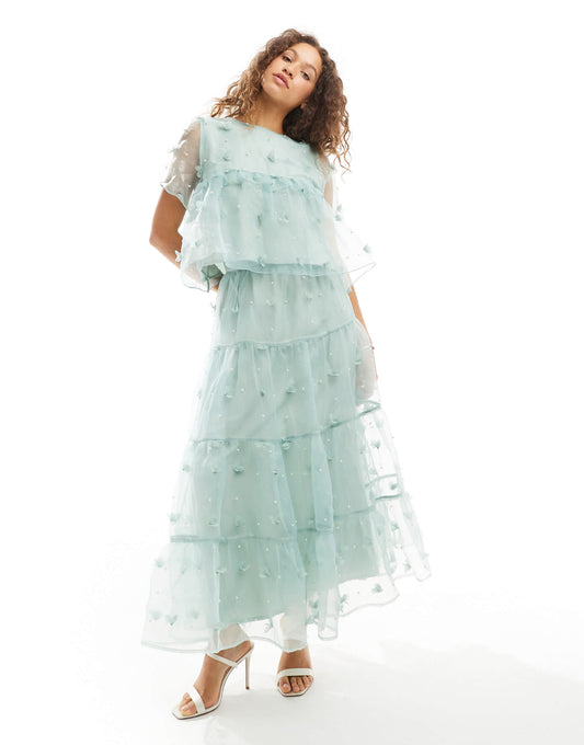 Dream Sister Jane floral organza midaxi skirt co-ord in sage