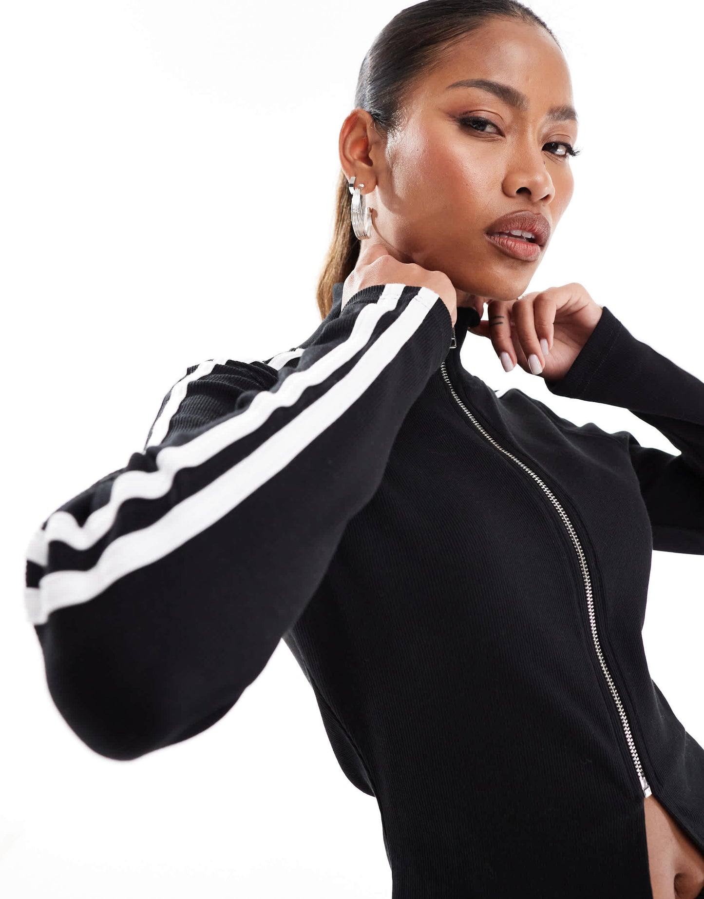 Kaiia ribbed zip up stripe sleeve jumper co-ord in black