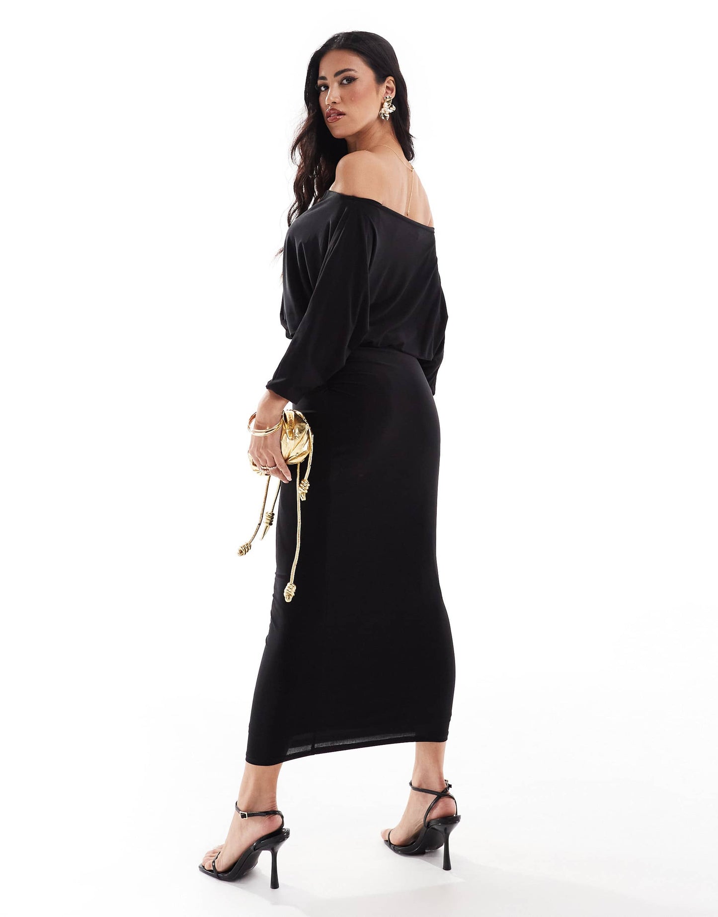 True Violet asymmetric shoulder slinky midi dress in black