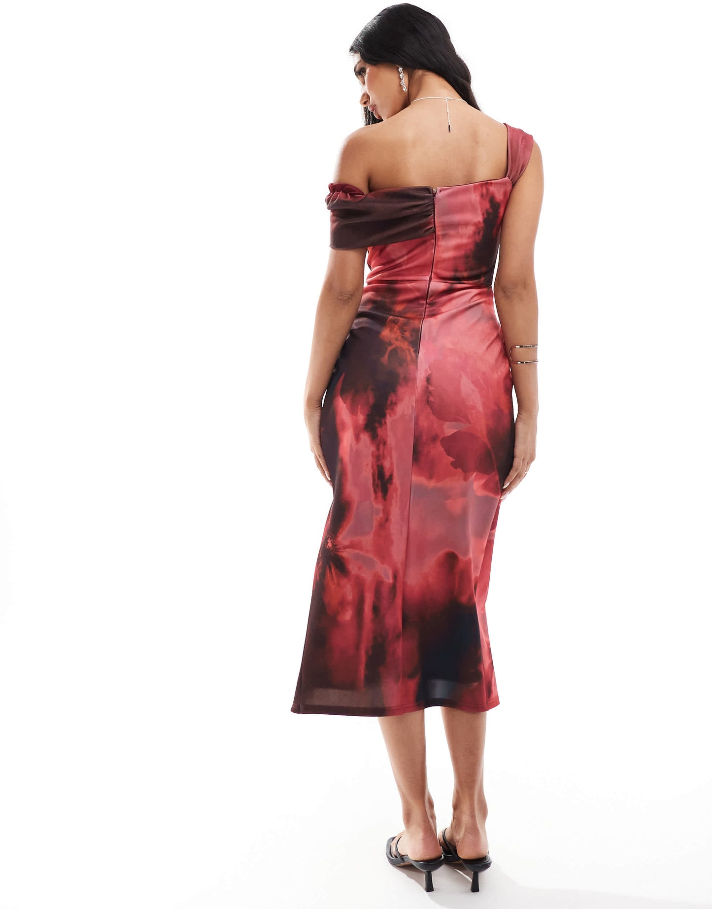 True Violet asymmetric bardot midi wrap dress in wine blur print