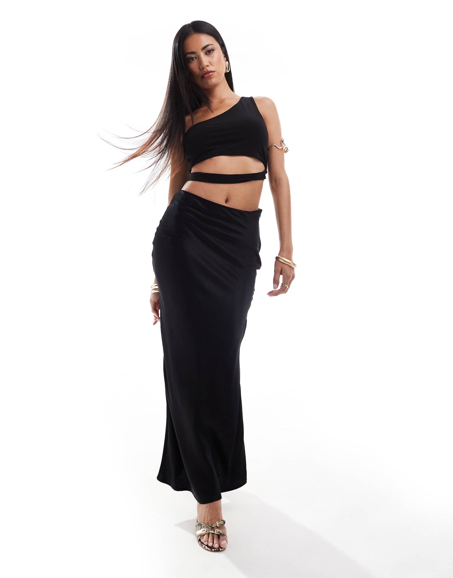 ASOS DESIGN double layer slinky one shoulder crop top with waist cut out in black