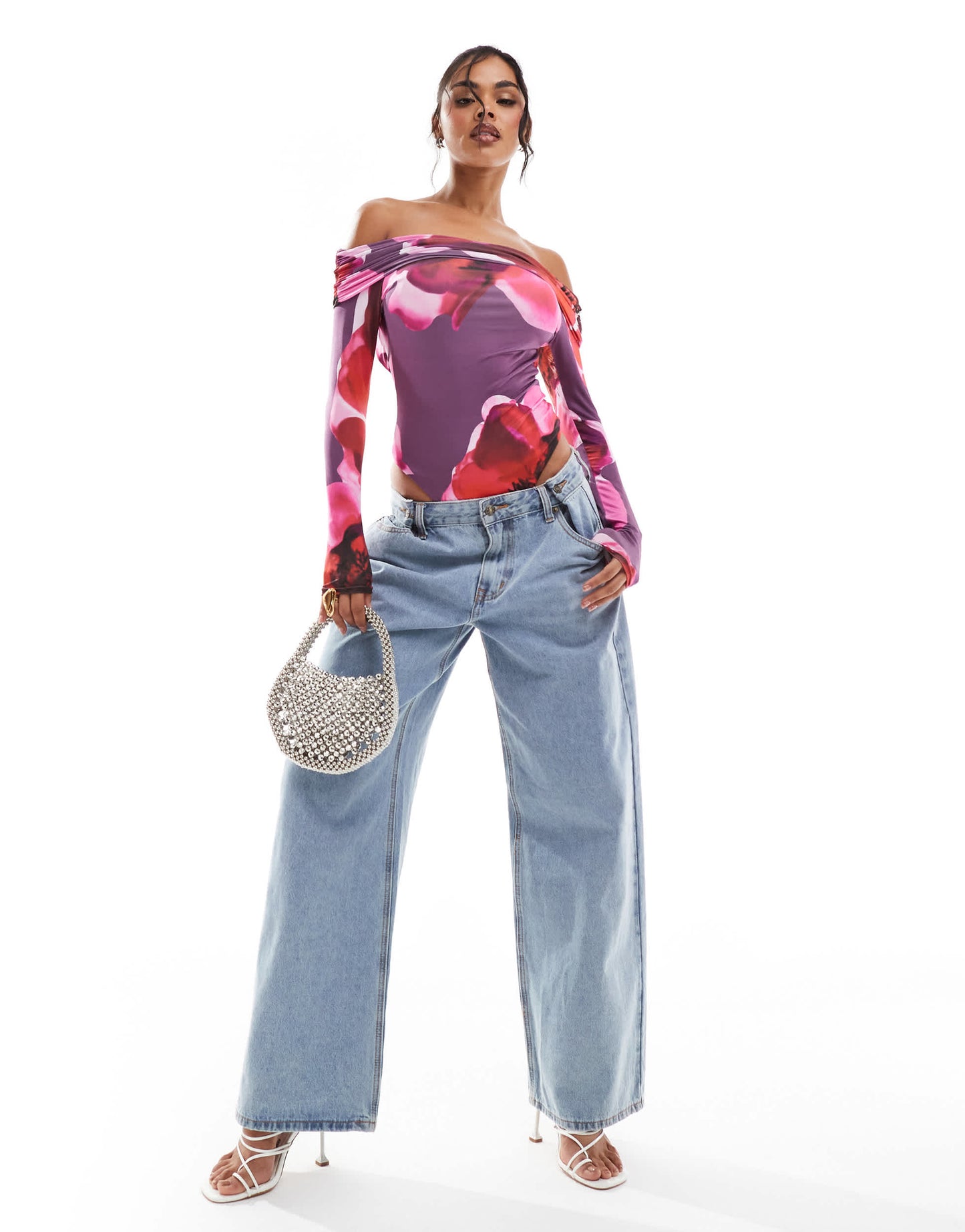 Kaiia exclusive double layered slinky bardot open back long sleeve body in dark purple print