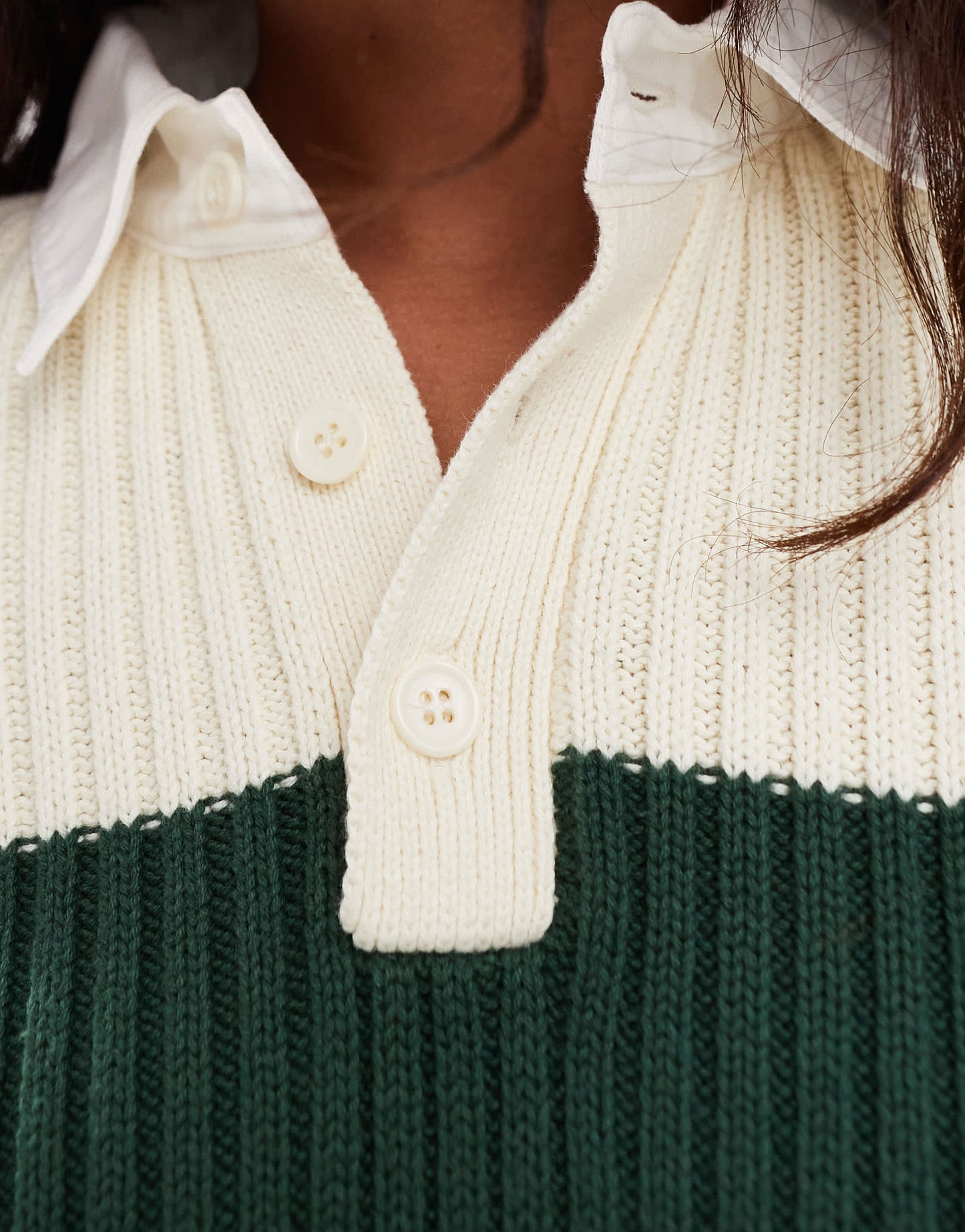 Lioness polo collar rugby stripe knitted jumper in green and cream