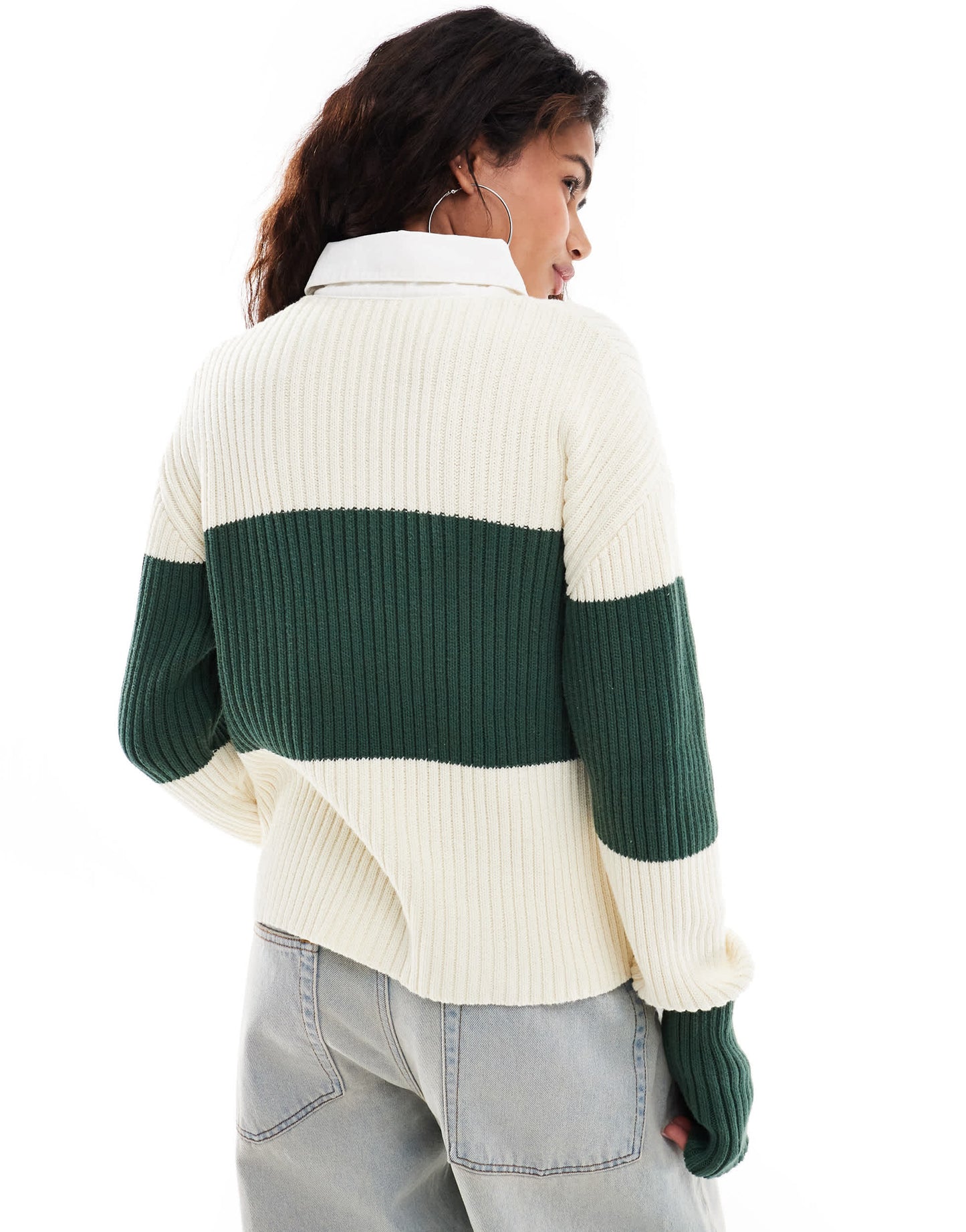 Lioness polo collar rugby stripe knitted jumper in green and cream