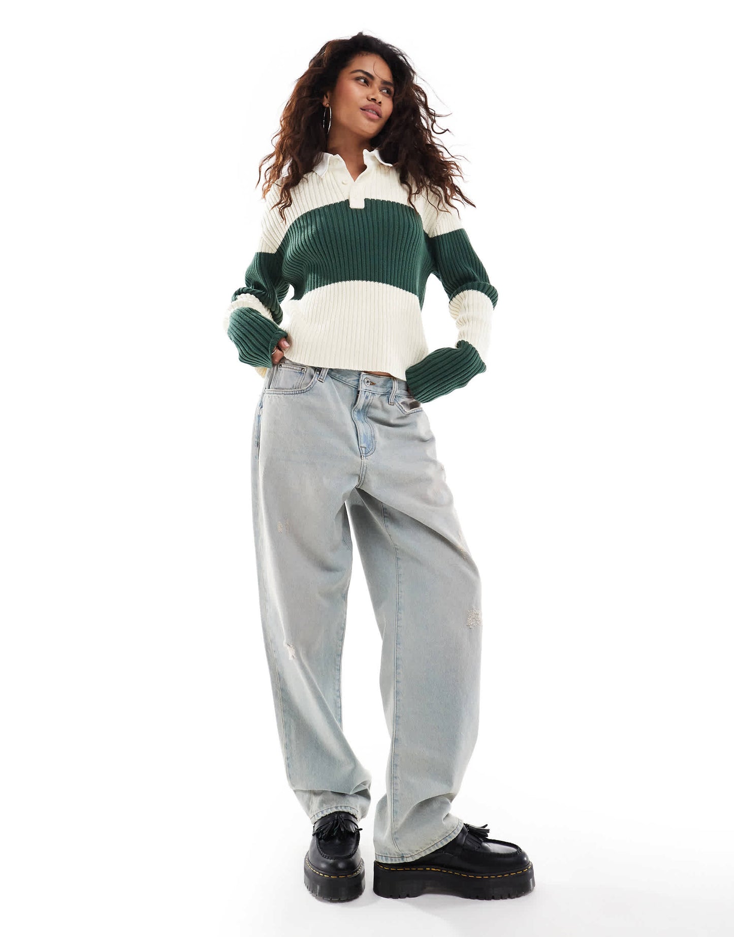 Lioness polo collar rugby stripe knitted jumper in green and cream