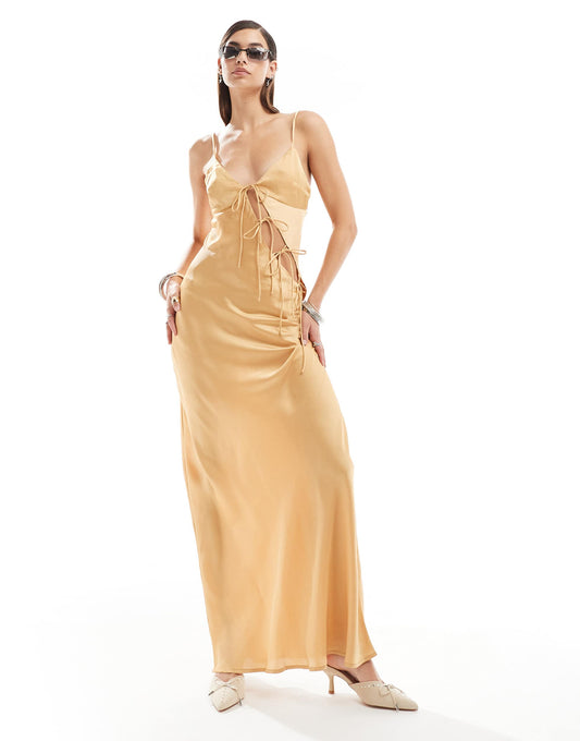 Lioness satin asymmetric tie detail cami maxi dress in gold