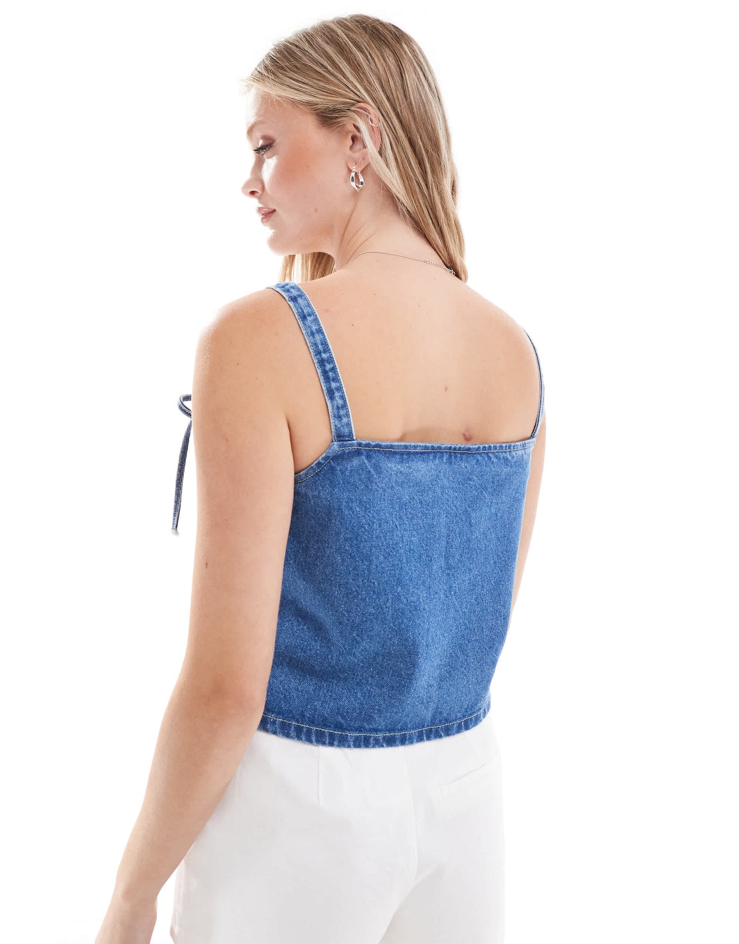 ASOS DESIGN denim bow strap cami top in mid blue