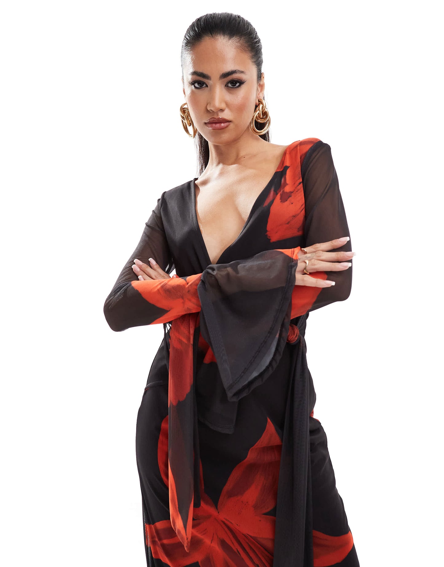 ASOS DESIGN long sleeve wrap mesh midi dress with frill sleeve in black floral print