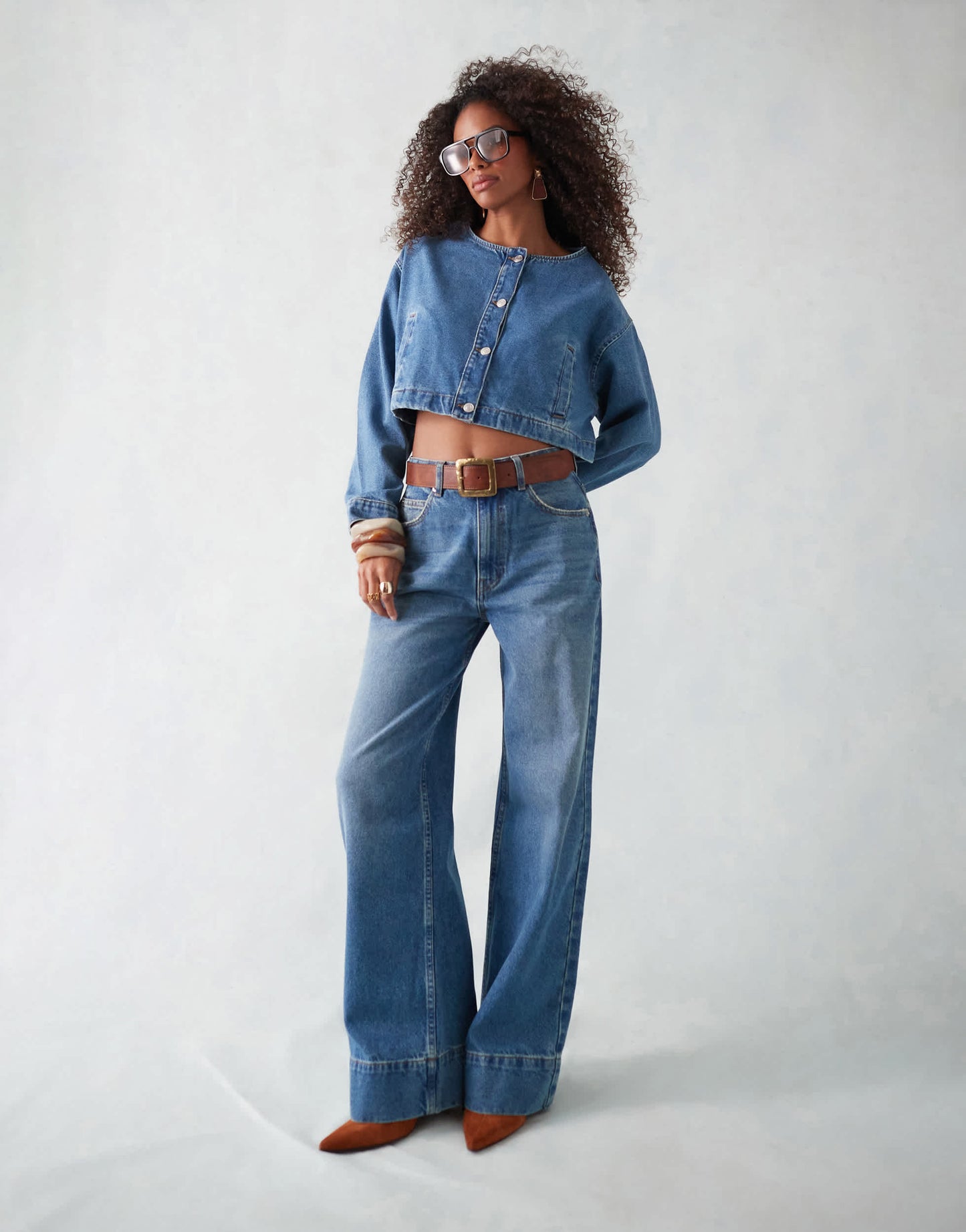 ASOS DESIGN wide leg jean with deep hem in mid blue
