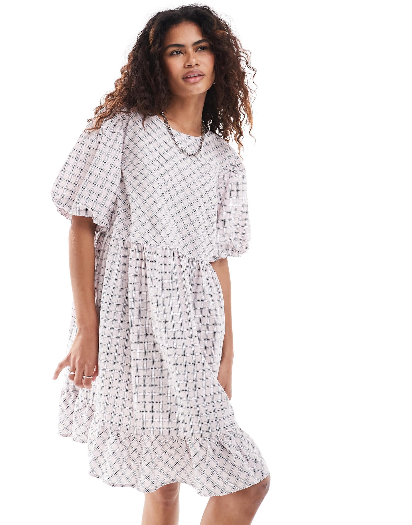 Monki short sleeve smock mini dress in pink check