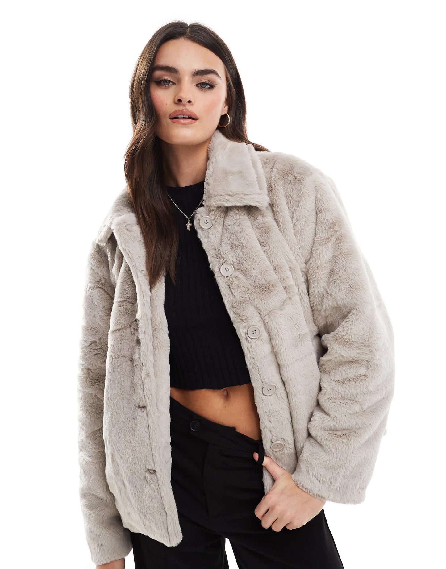 Pieces faux fur jacket in dove grey