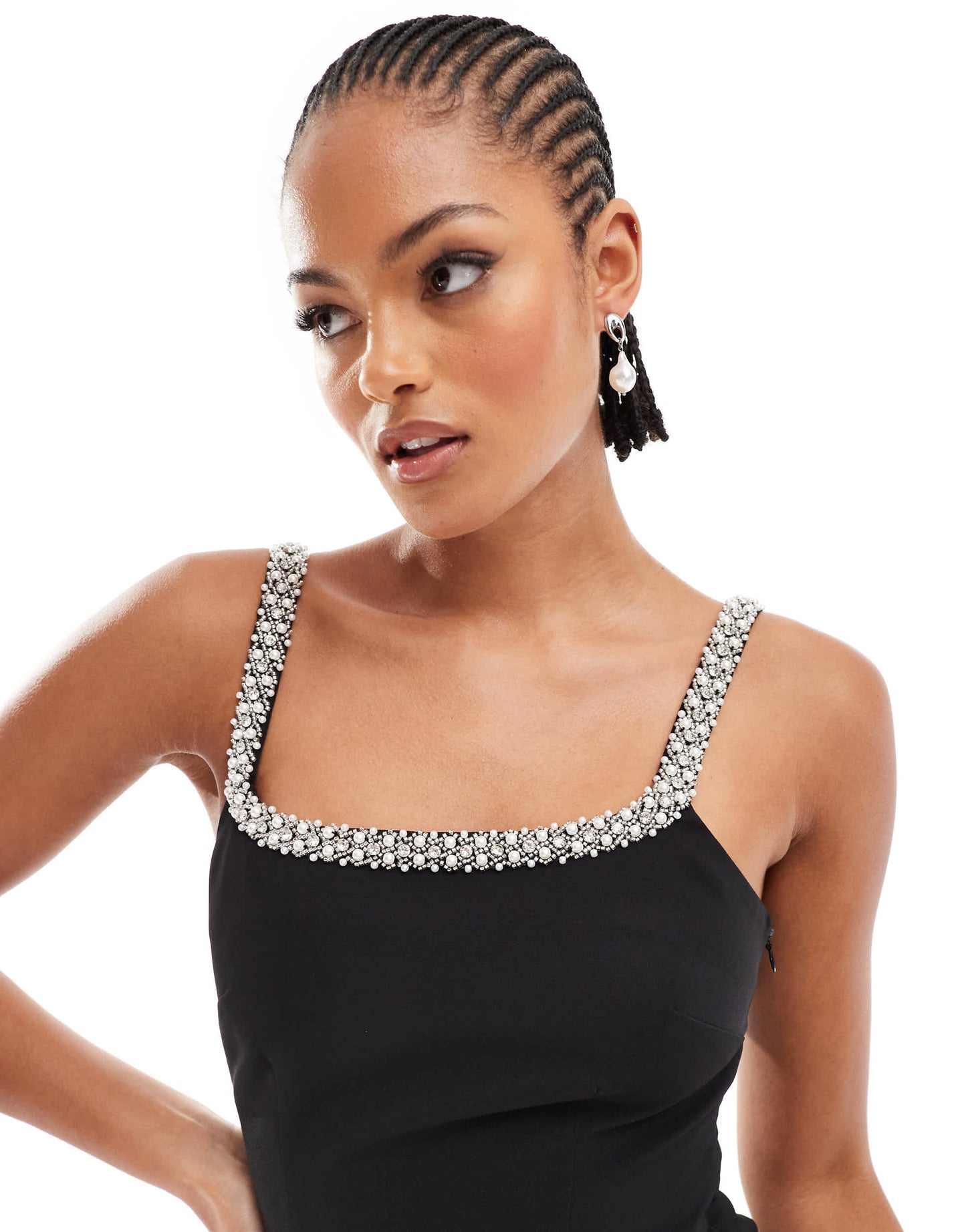 4th & Reckless Tall pearl trim tailored cami mini dress in black